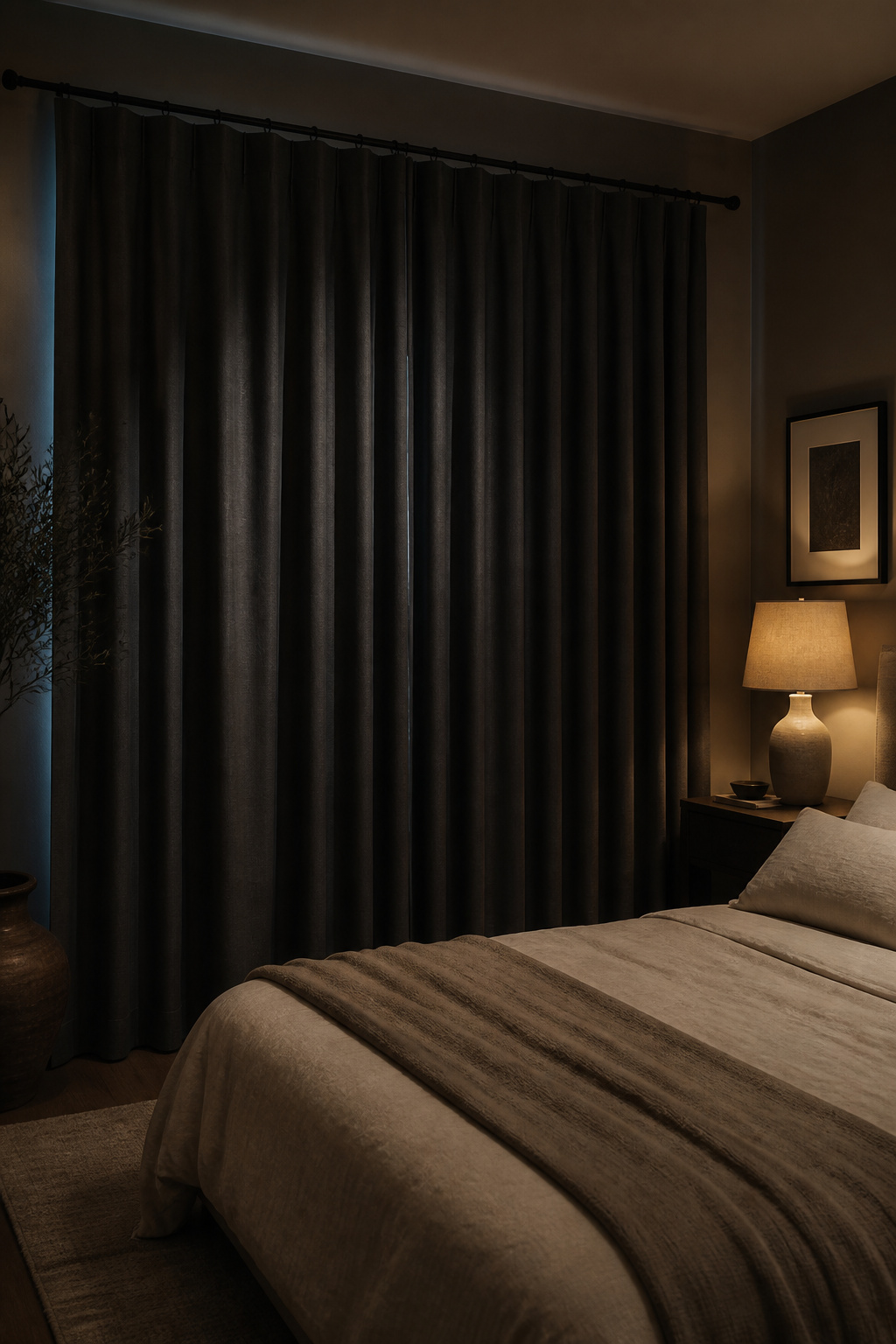 Bedroom window fully covered by heavy charcoal blackout curtains keeping the room dark at night for better sleep