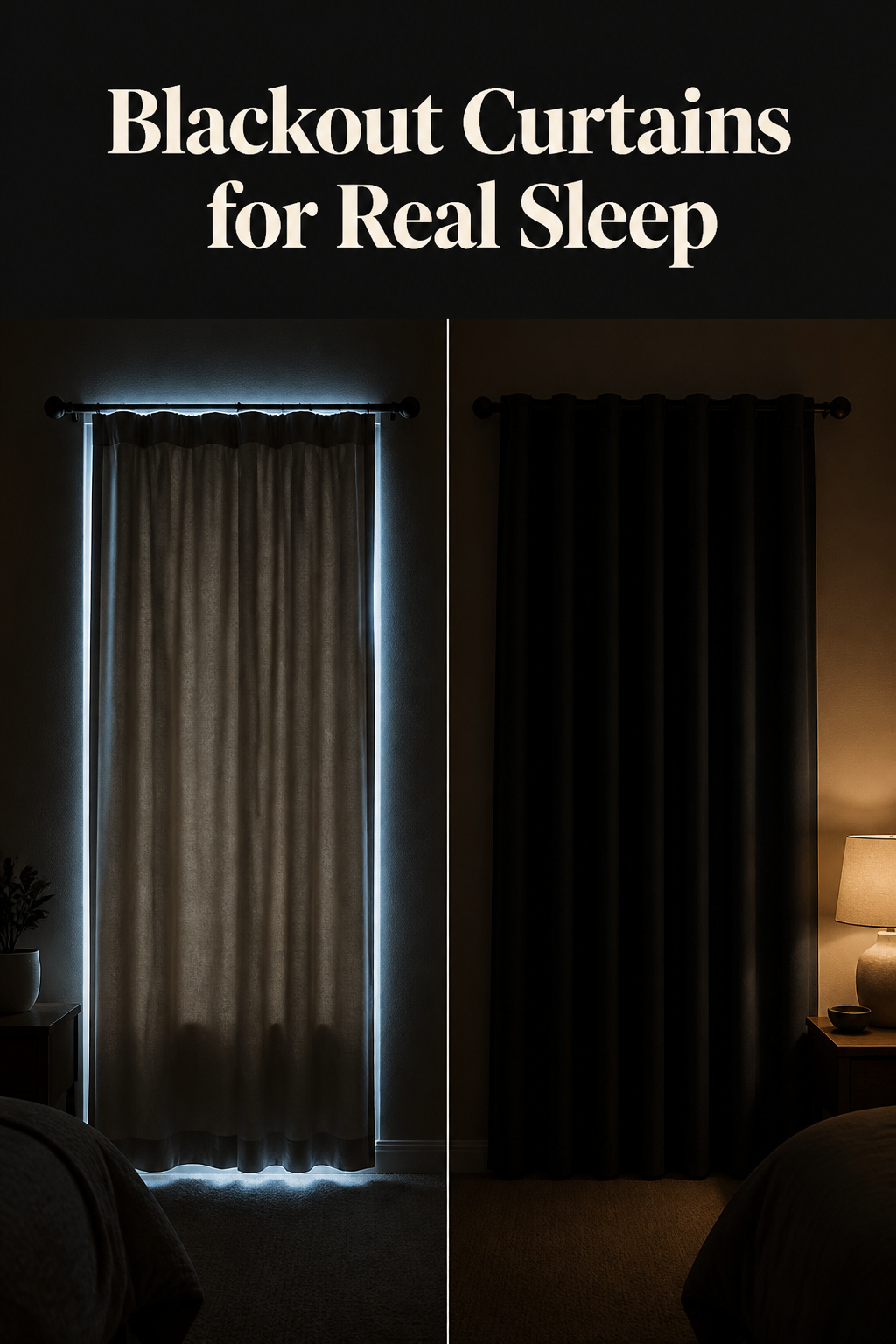 Pinterest pin comparing a bedroom window leaking light around its curtain edges versus a properly hung blackout curtain sealing the room dark