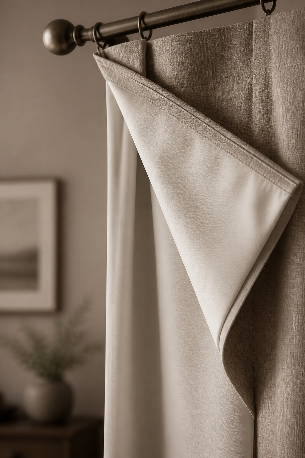 Curtain panel folded back to show a pale blackout liner attached behind the decorative fabric
