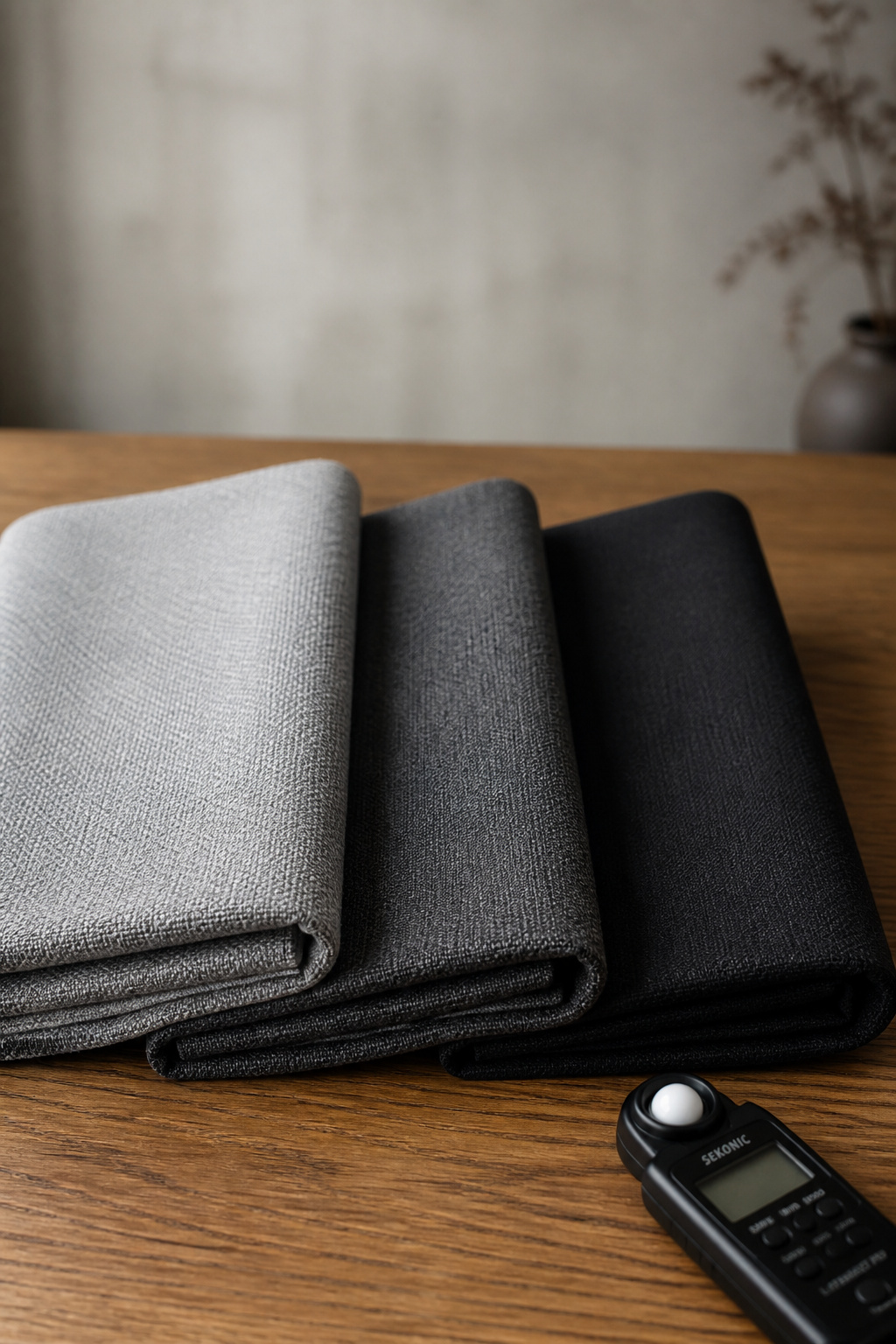 Three blackout curtain fabric swatches shown side by side in increasing density from medium to full blackout