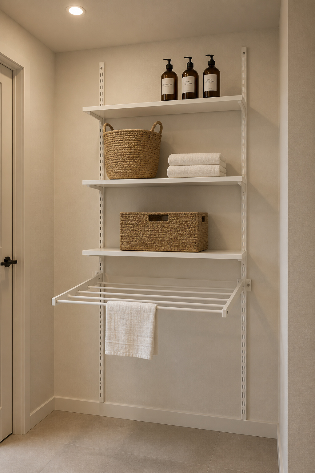 IKEA BOAXEL laundry shelving bay with powder-coated steel uprights, seagrass baskets, amber glass dispensers, and fold-down drying rack