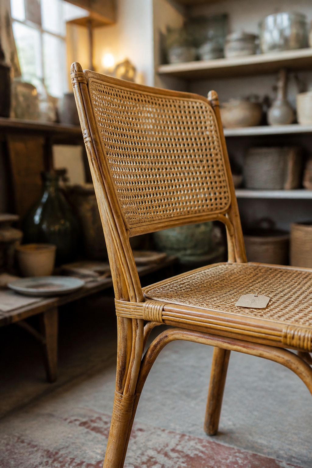 Vintage rattan dining chair with visible leg joinery being inspected at a flea market before a secondhand purchase