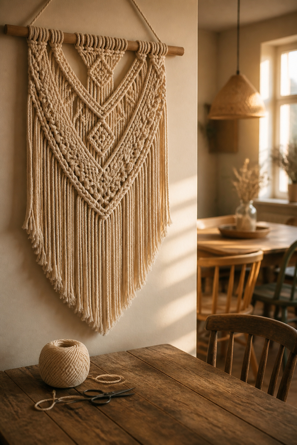 Handmade cotton macrame wall hanging above a budget boho dining table with leftover cord and scissors nearby