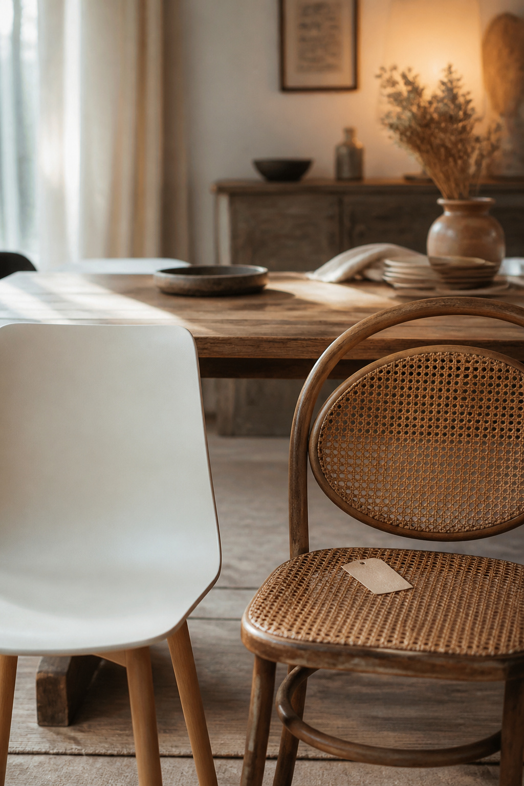 A modern retail dining chair next to a secondhand rattan chair with a price tag, showing the cost contrast in a boho dining room