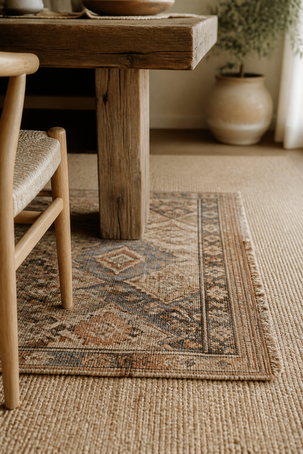 New jute base rug layered with a small vintage kilim accent rug under a boho dining table
