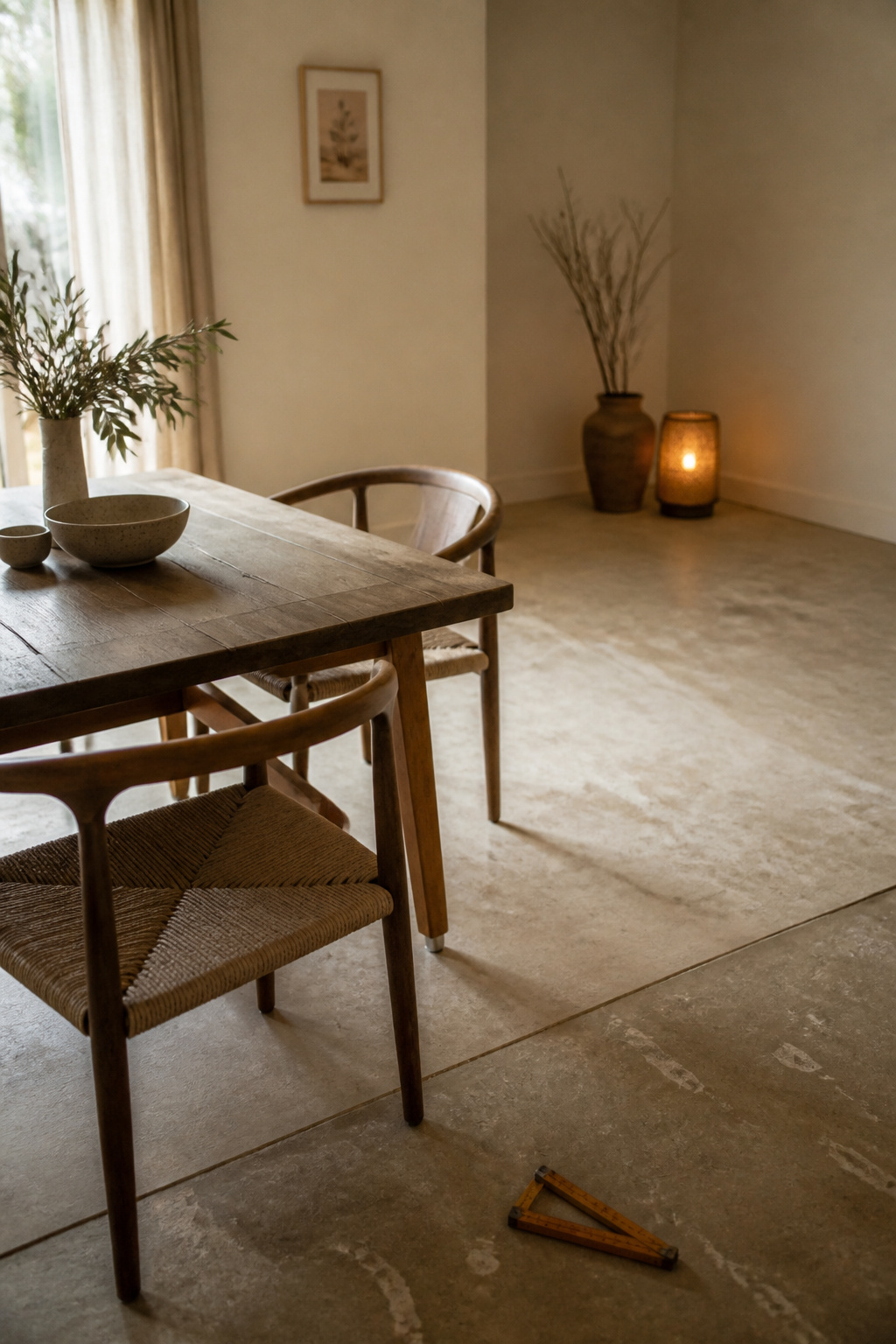 Partially furnished boho dining room with table and chairs in place and a bare floor section awaiting a rug