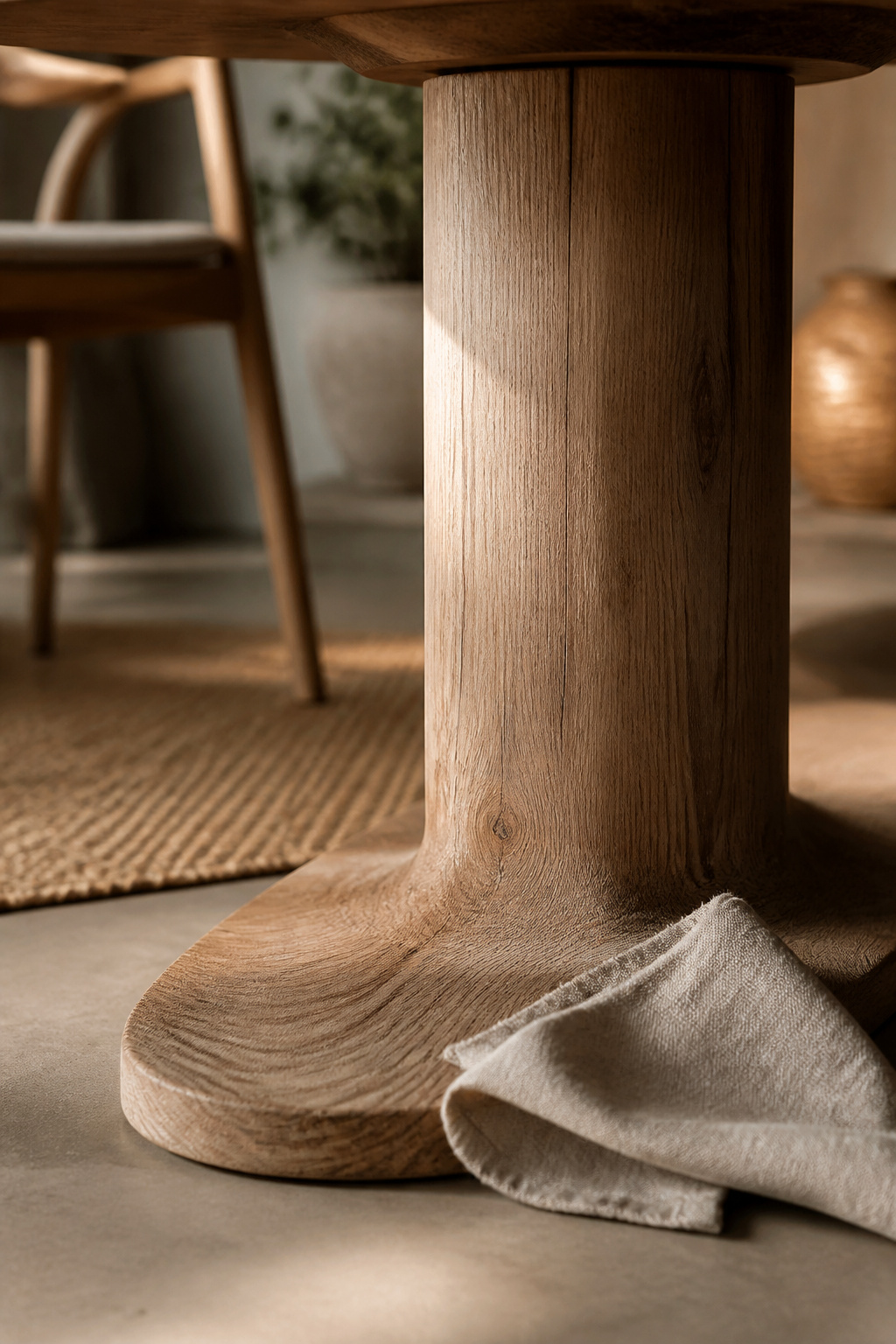 Solid wood pedestal dining table base with flared foot on a jute rug in a boho dining room