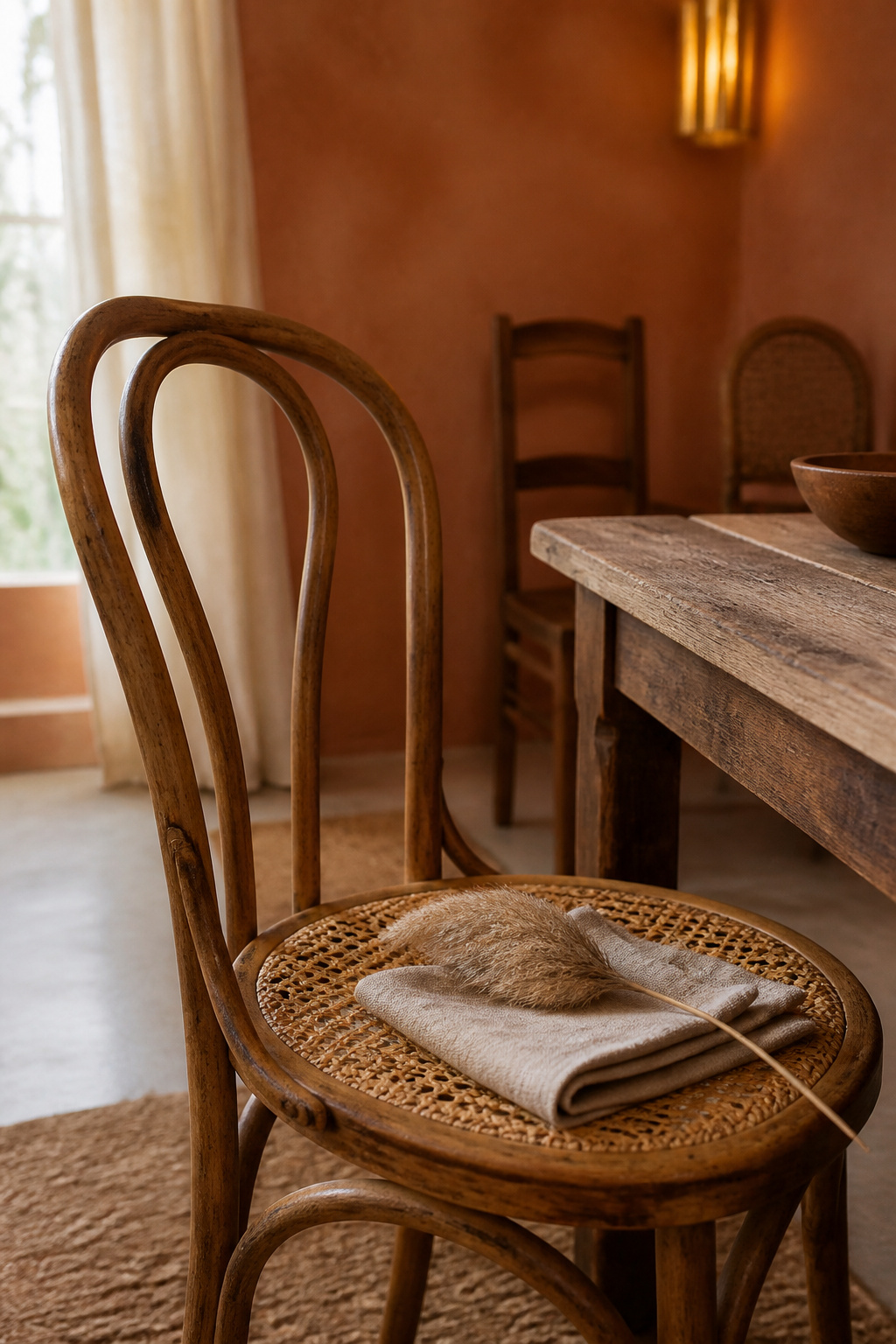 Single vintage rattan and bentwood dining chair pulled out from a reclaimed wood table in a boho dining room