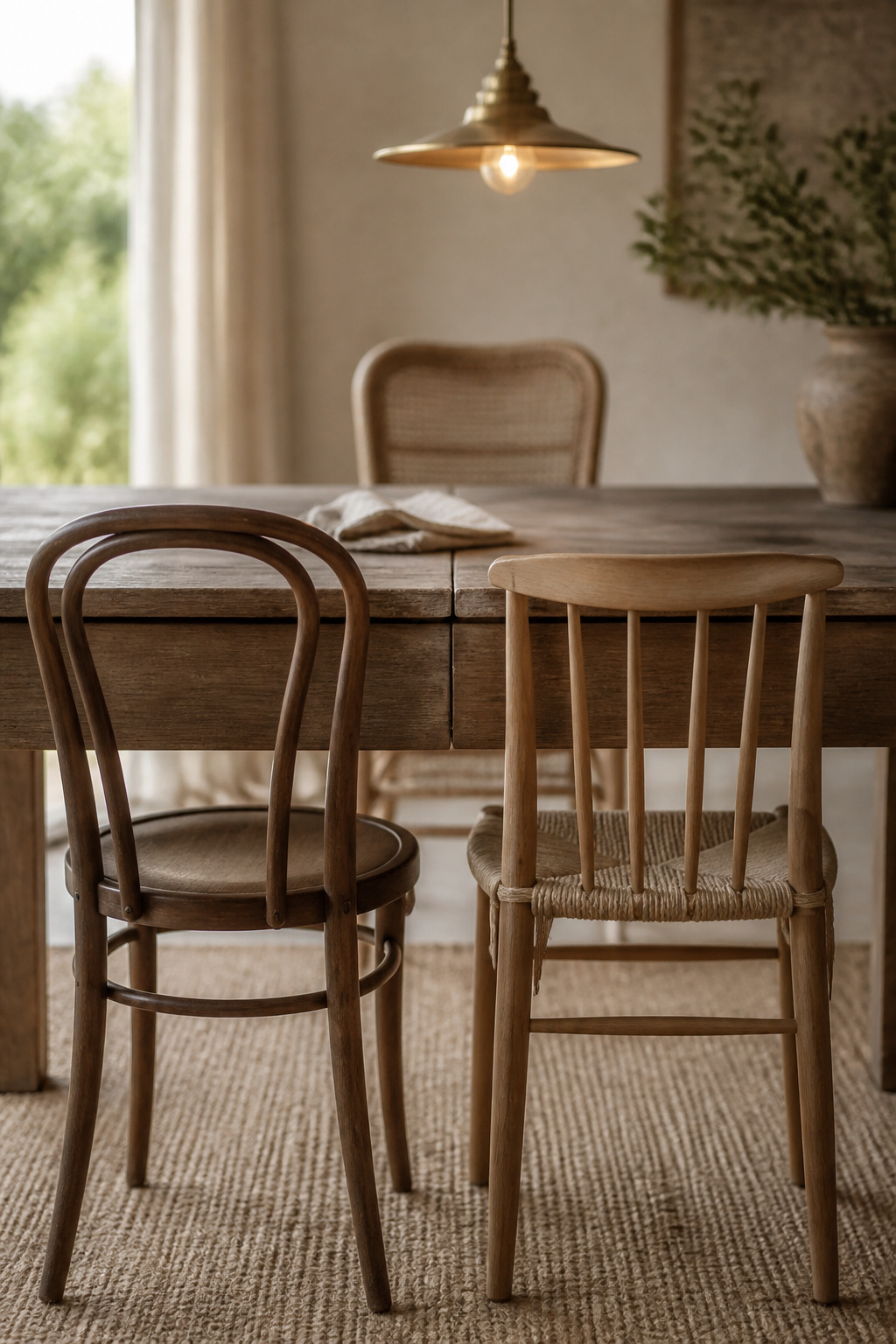Two different boho dining chair styles pushed in evenly under a wood table showing matched seat height