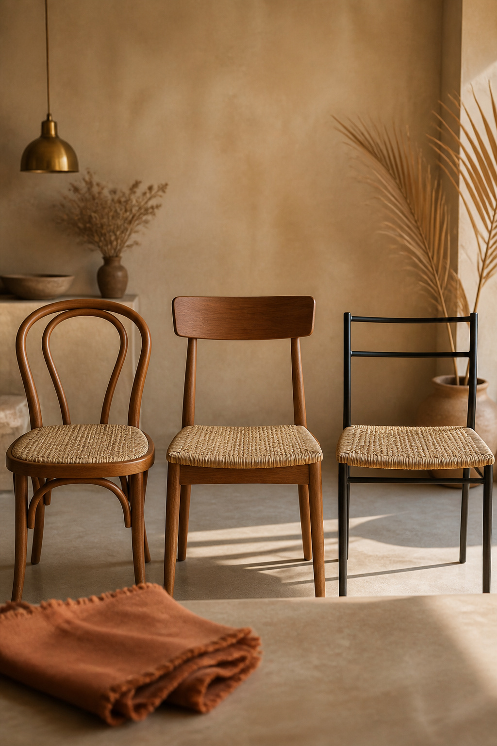 Three different dining chair frames unified by matching woven rattan seats in a boho dining room