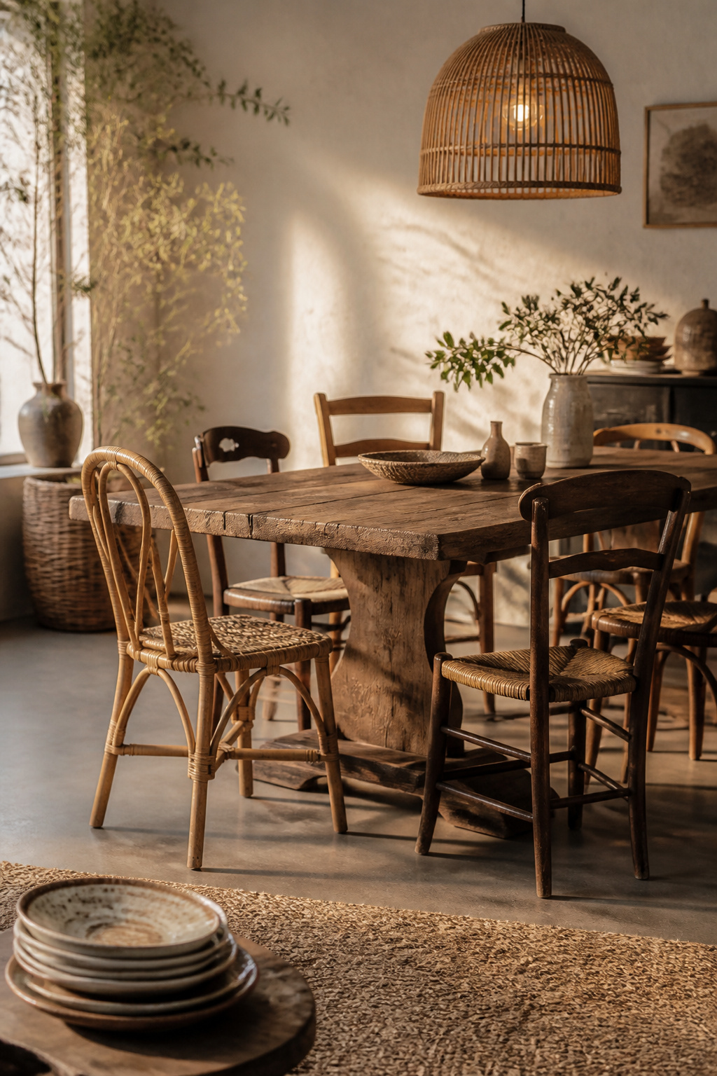 Budget boho dining room with a solid wood pedestal table and mismatched secondhand rattan and wood chairs on a jute rug