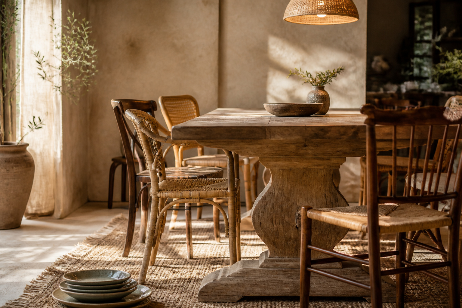 Budget boho dining room with a solid wood pedestal table and mismatched secondhand rattan and wood chairs on a jute rug
