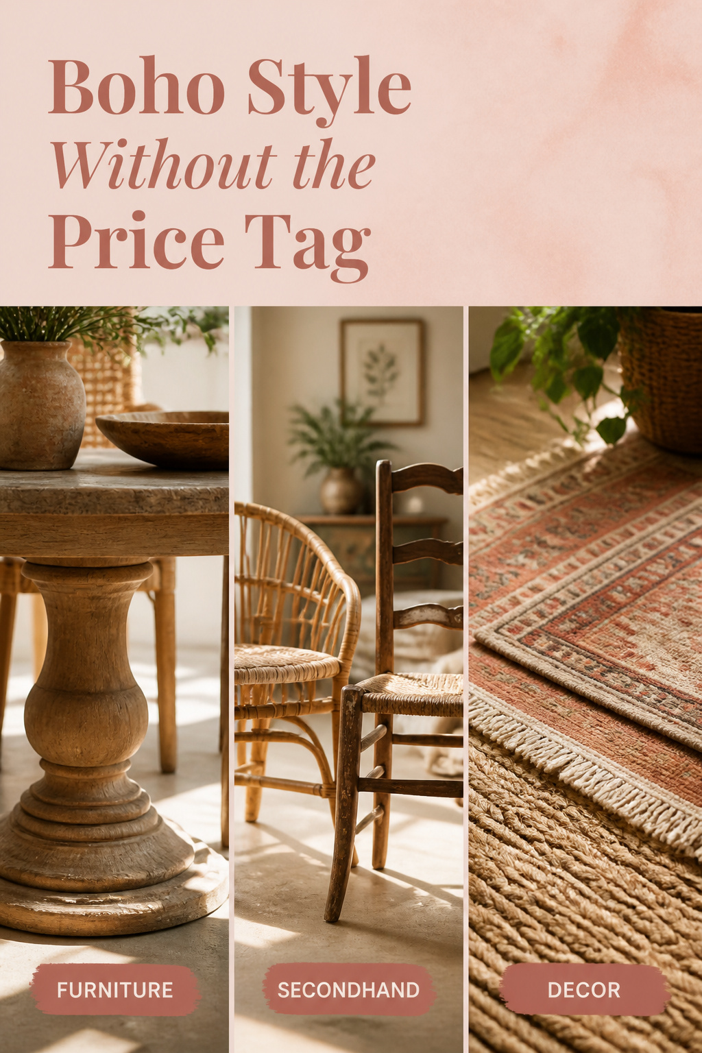 Pinterest pin showing a budget boho dining room table base, mismatched secondhand chairs, and layered jute and kilim rug