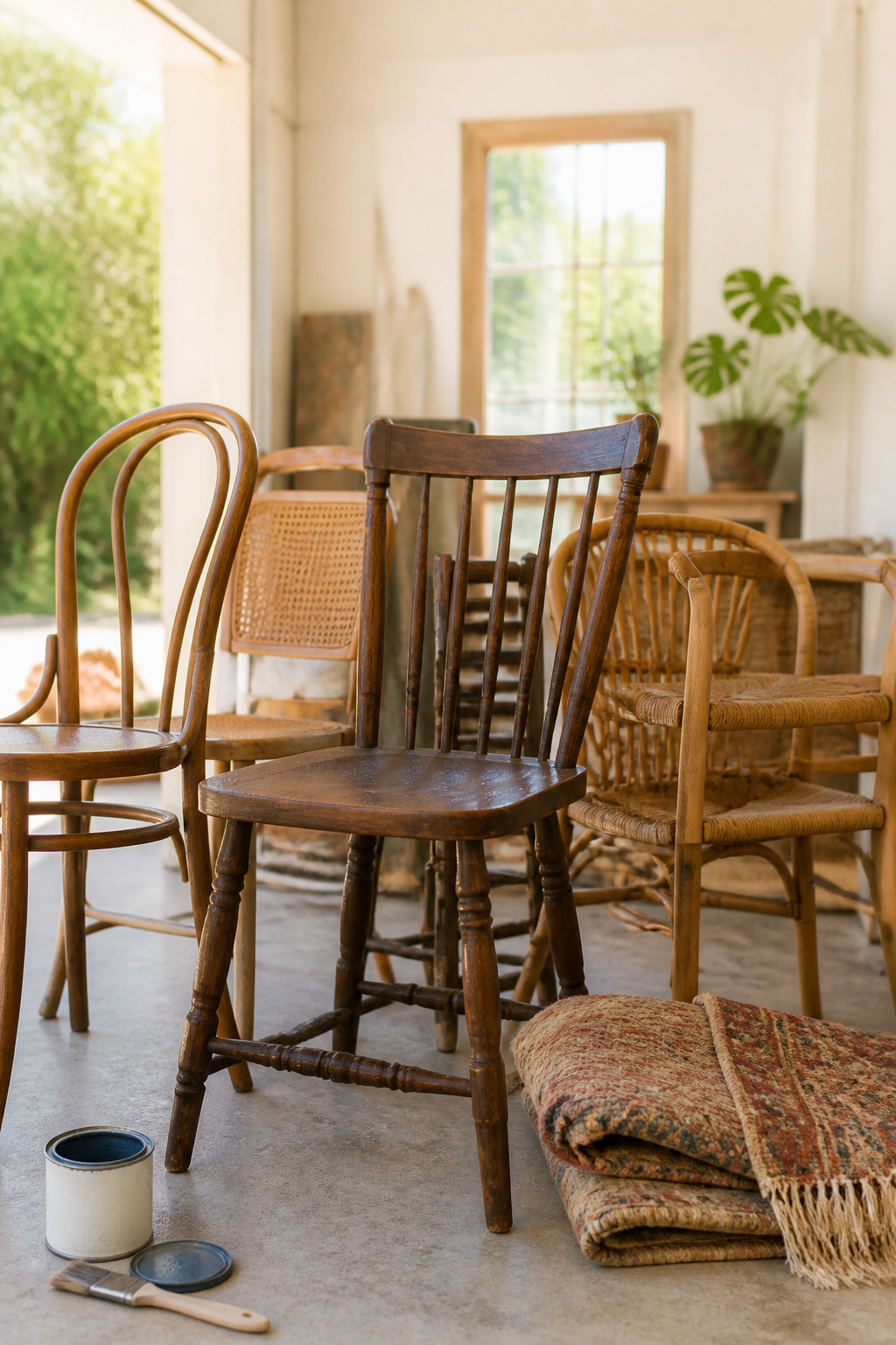 Thrifted wood and rattan dining chairs and a folded vintage rug staged for a budget boho dining room makeover