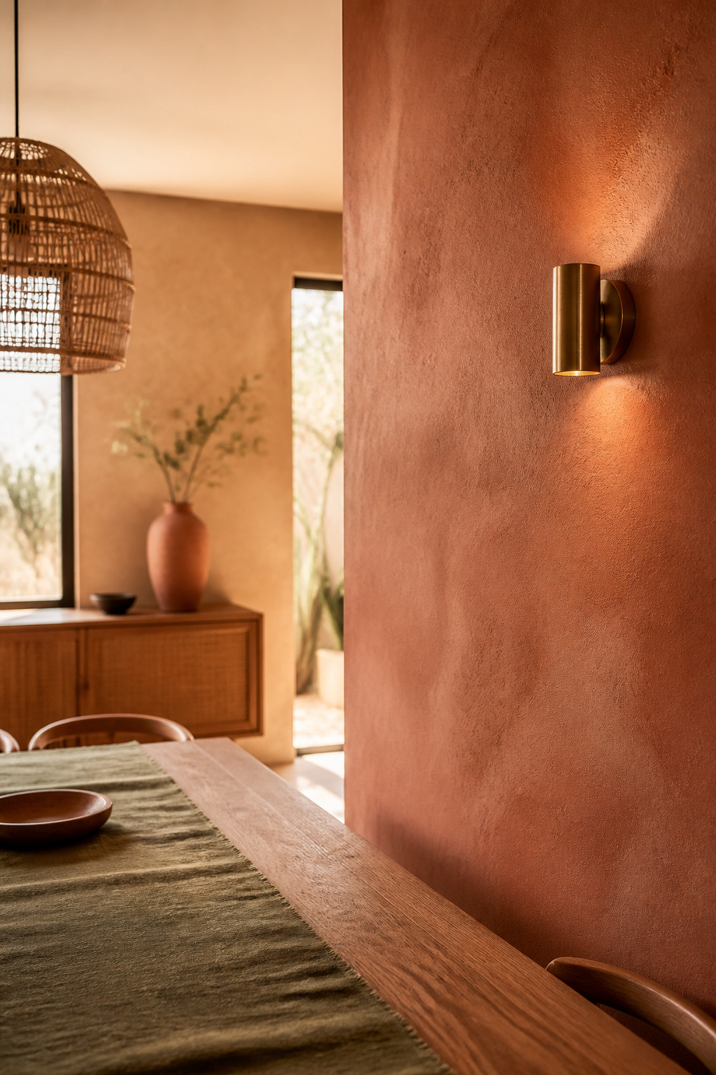 Boho dining room with a warm terracotta and sand color palette, olive linen runner and rattan pendant light