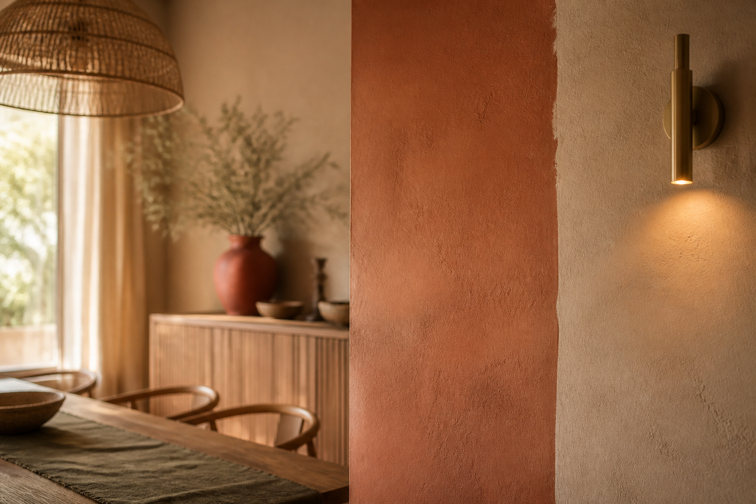 Boho dining room with a warm terracotta and sand color palette, olive linen runner and rattan pendant light