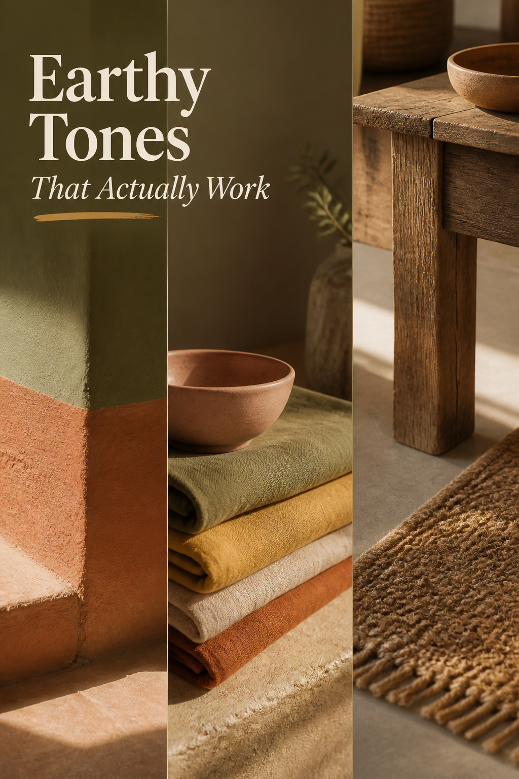 Pinterest pin showing a boho dining room earth-tone color palette of terracotta, sand, olive, ochre and dusty rose