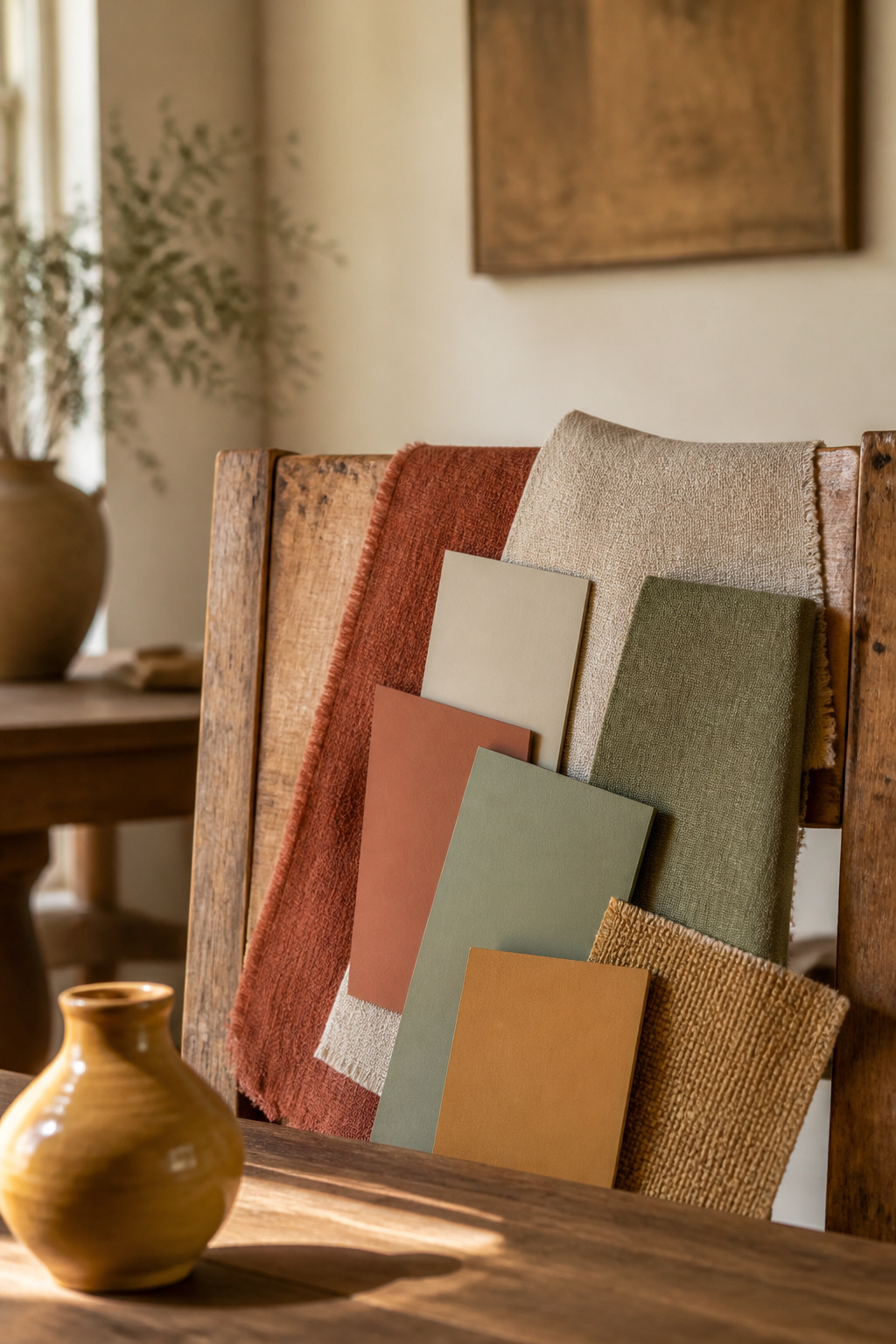 Terracotta, sand, olive and ochre swatches held against a wood dining chair to test a boho color palette