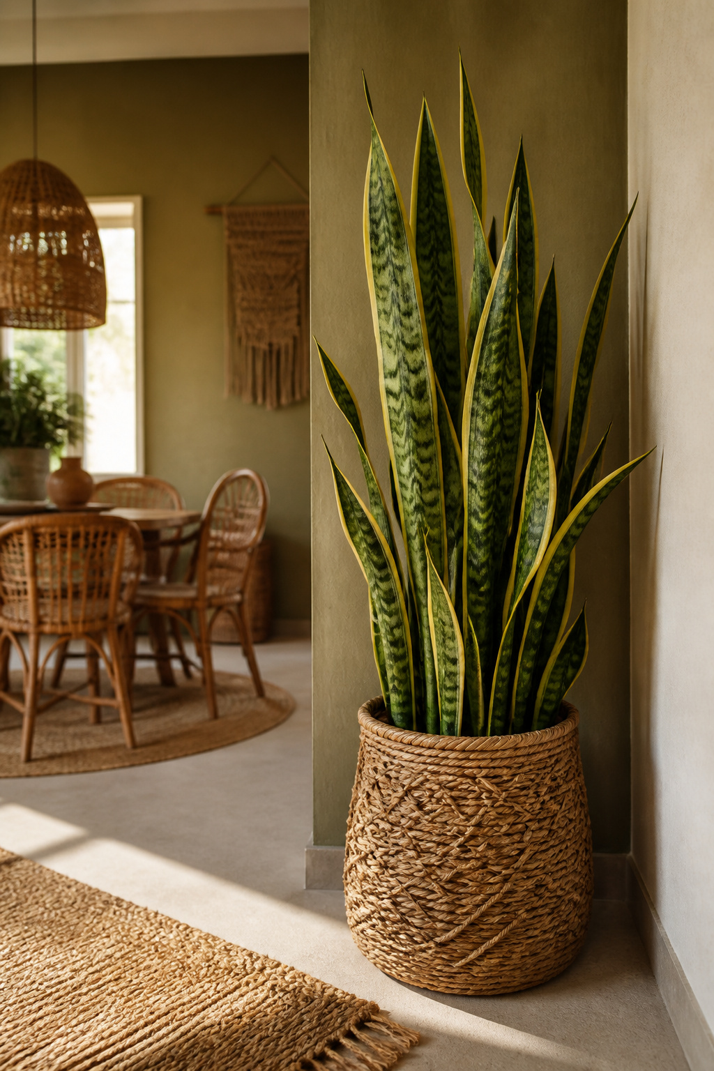 Tall snake plant in a woven basket planter standing in an empty corner of a boho dining room