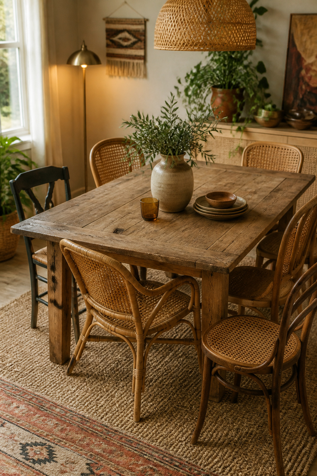 Boho dining room with mismatched rattan and vintage chairs around a wood table, layered jute and kilim rug, and a rattan pendant light overhead