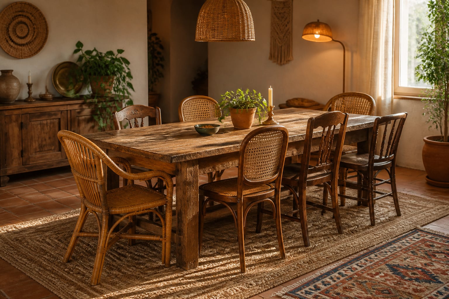 Boho dining room with mismatched rattan and vintage chairs around a wood table, layered jute and kilim rug, and a rattan pendant light overhead