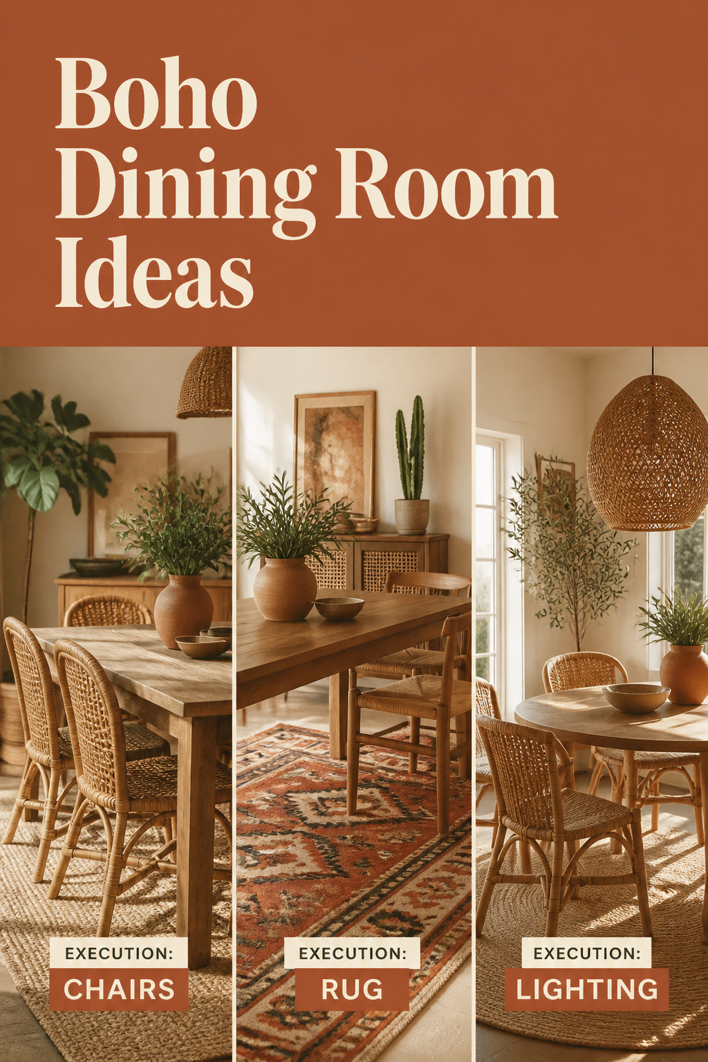 Pinterest pin collage of boho dining room ideas showing mismatched chairs, a layered jute and kilim rug, and a rattan pendant light