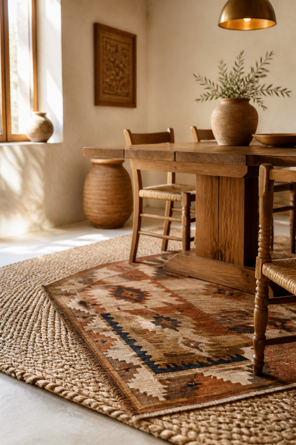 Layered boho dining room rugs with a neutral jute base and a rotated kilim-pattern top rug under a wood dining table