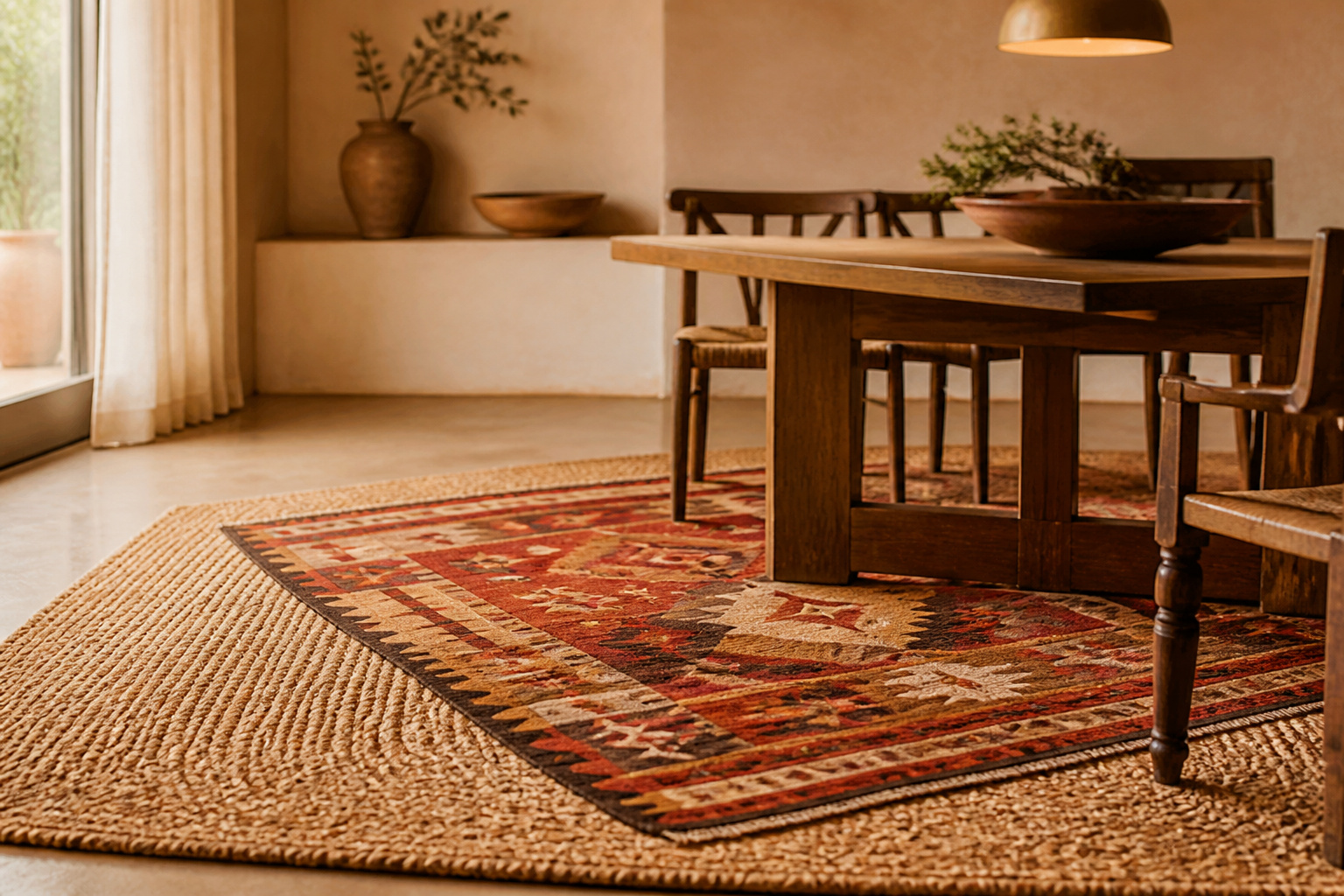 Layered boho dining room rugs with a neutral jute base and a rotated kilim-pattern top rug under a wood dining table