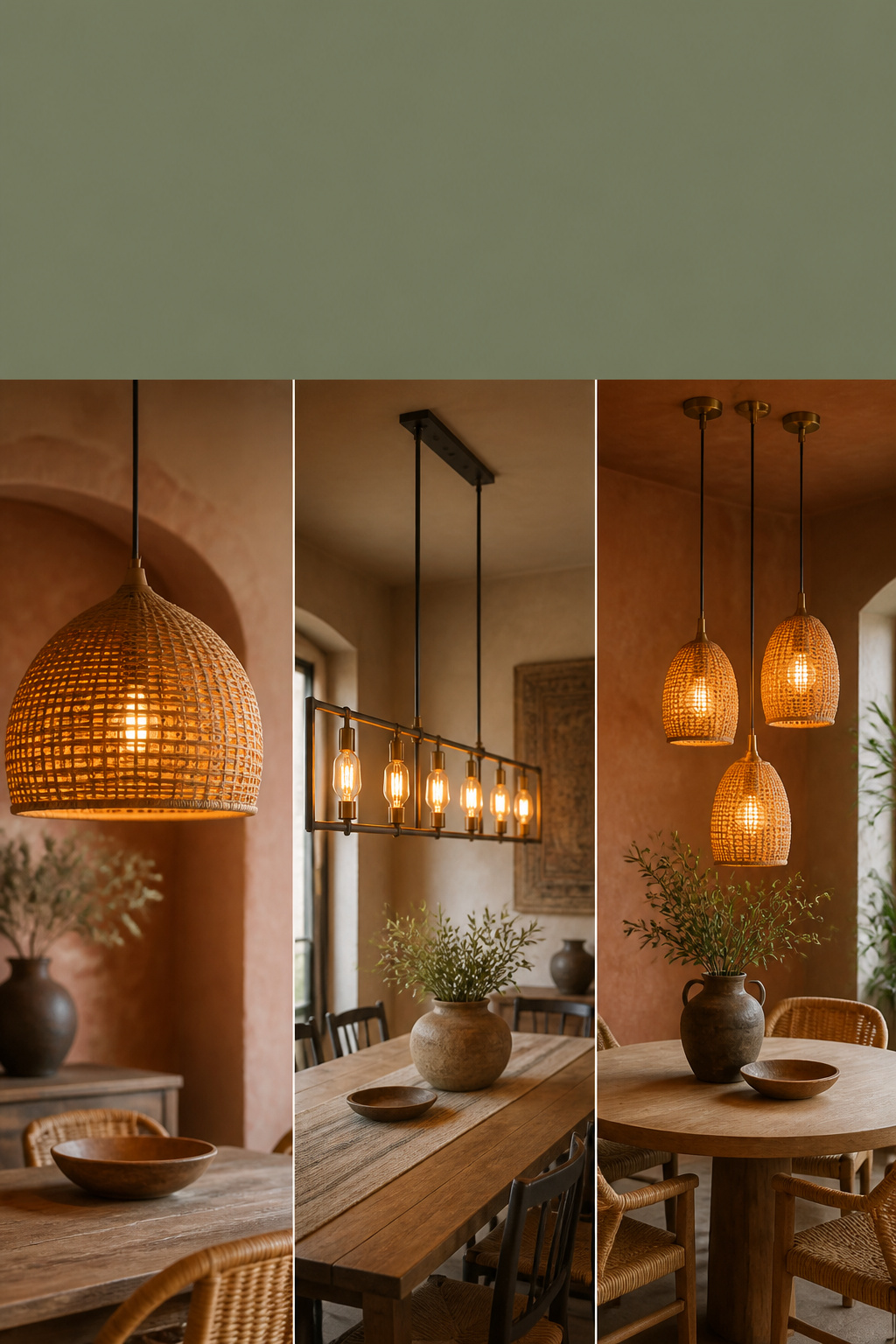 Pinterest pin collage of three boho dining room lighting styles: rattan dome pendant, brass and black iron linear fixture, and clustered woven pendants