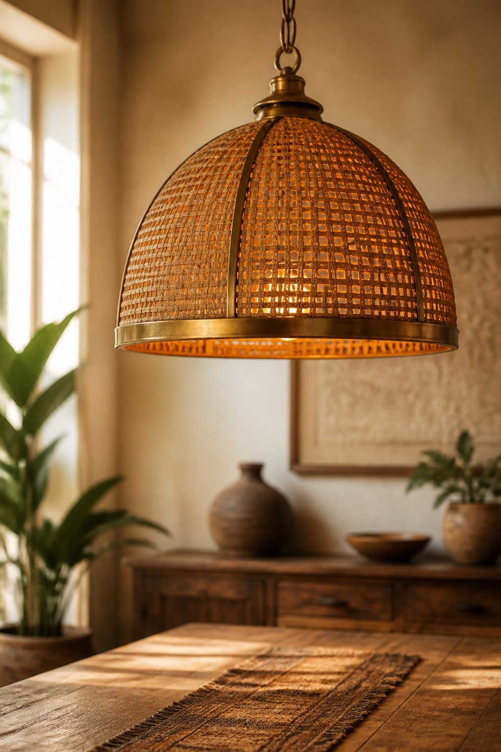 Woven rattan pendant light with brass frame hanging above a boho dining table