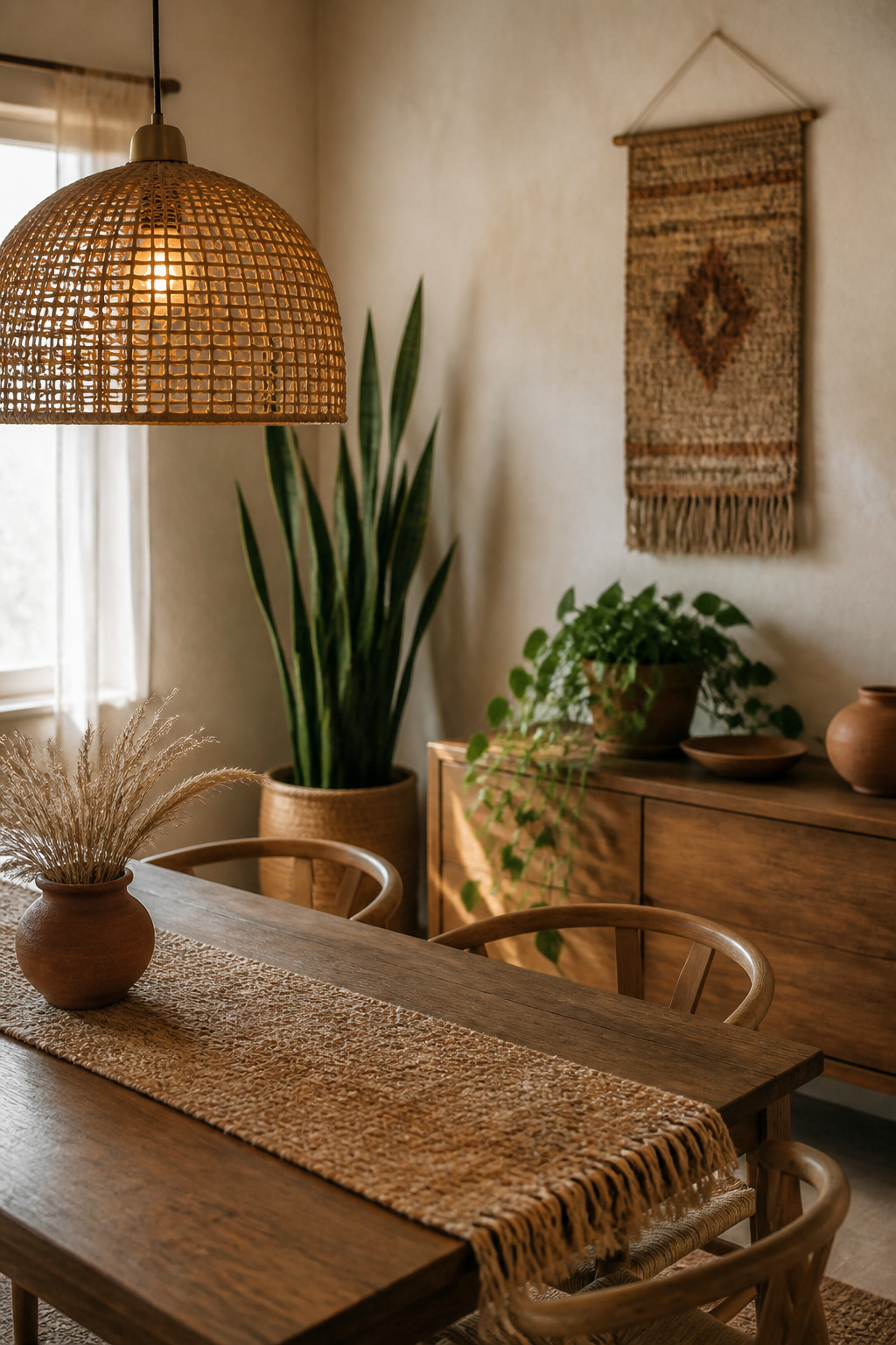 Boho dining room with a trailing pothos on the sideboard, a floor snake plant in the corner, and a low centerpiece that keeps the table sightline clear