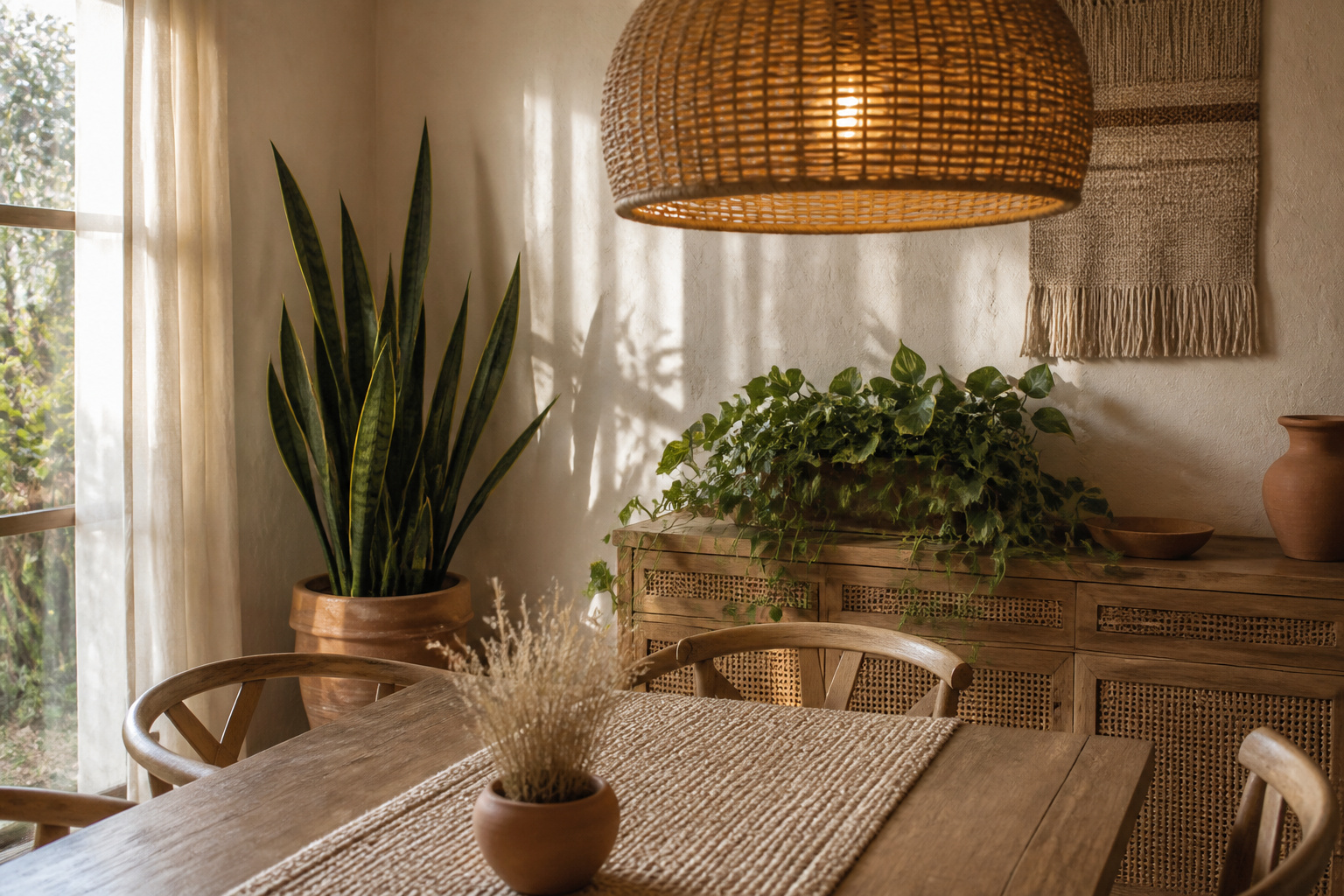 Boho dining room with a trailing pothos on the sideboard, a floor snake plant in the corner, and a low centerpiece that keeps the table sightline clear