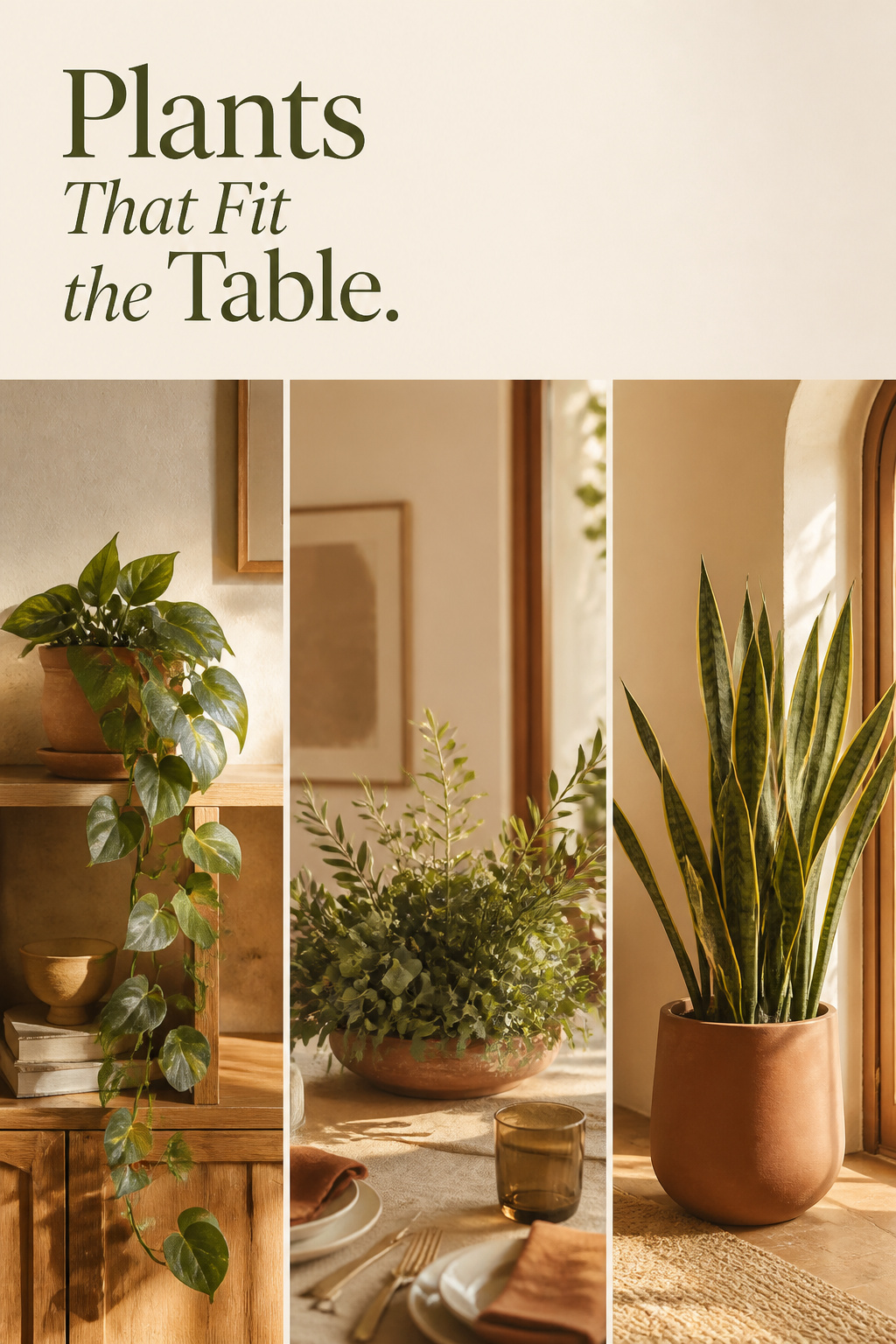 Pinterest pin showing three boho dining room plant placements - trailing sideboard pothos, low table centerpiece, and floor-standing snake plant