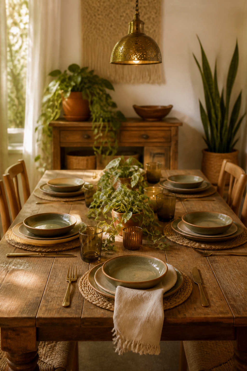 Boho dining table set with a low plant runner and clear sightline between place settings, with a trailing pothos and floor plant in the background