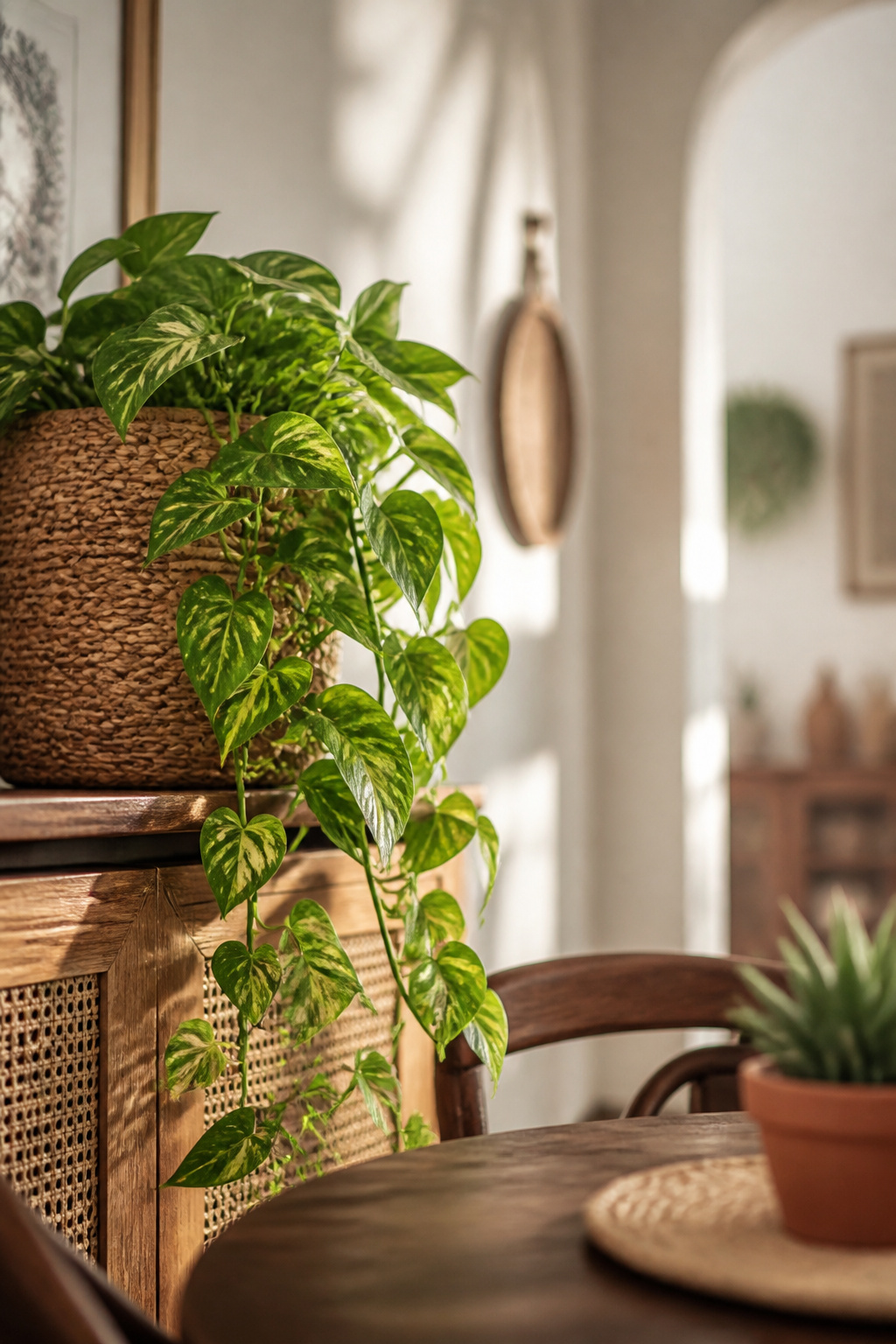 Trailing pothos plant in a woven basket on a dining room sideboard, with a low succulent centerpiece visible on the table
