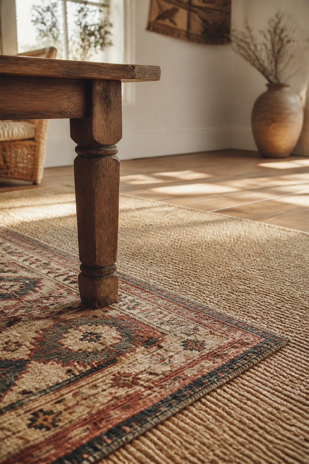 Layered vintage kilim rug over a neutral jute rug under a dining table leg in a boho dining room