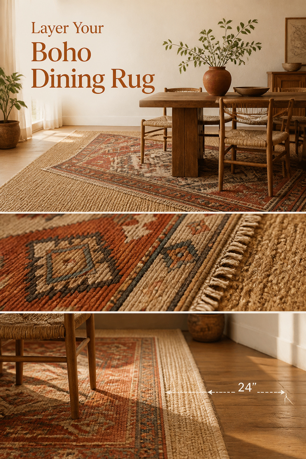 Pinterest pin collage of layered boho dining room rugs, a vintage kilim close-up, and rug placement under dining chairs, headline Layer Your Boho Dining Rug