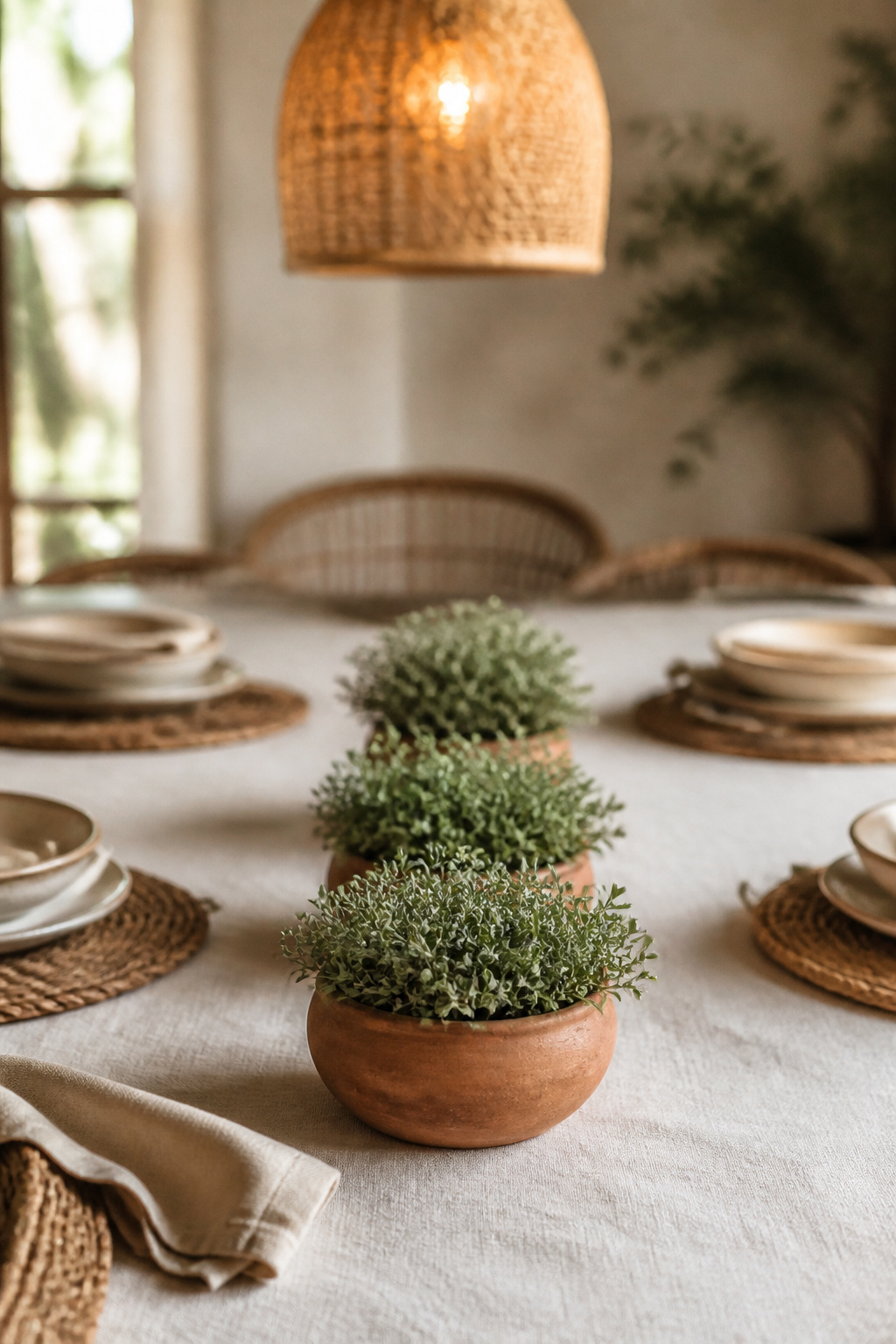 Runner of three small terracotta pots with low greenery down the center of a boho dining table, sitting below eye level