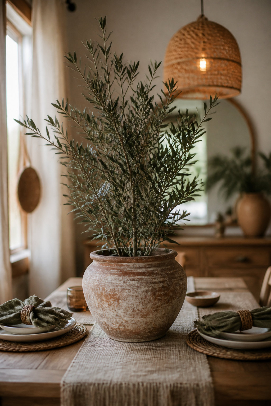 Tall potted plant centered on a set dining table, rising above the sightline between two place settings
