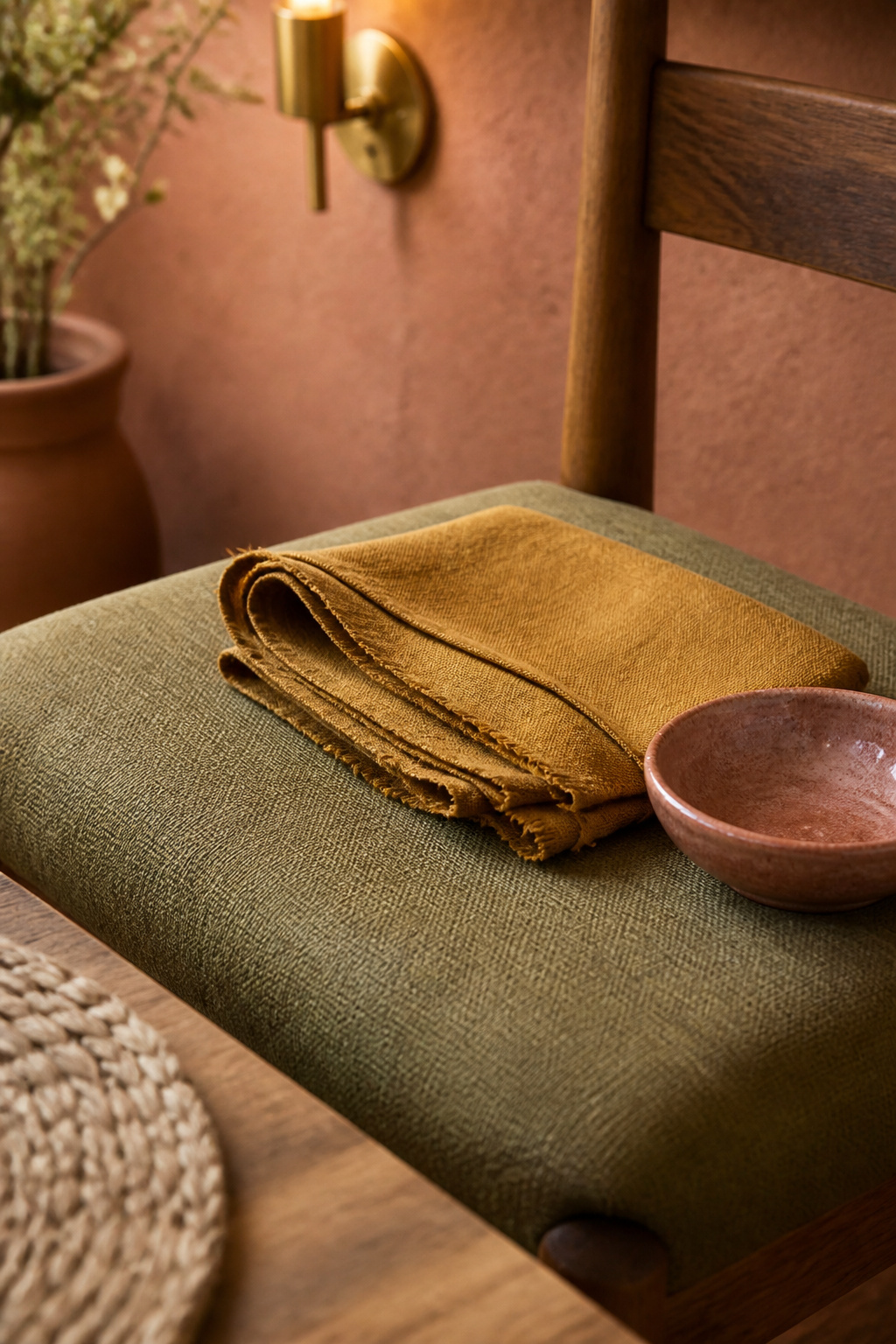 Olive, ochre and dusty rose accent textiles and ceramics layered against a terracotta dining room wall