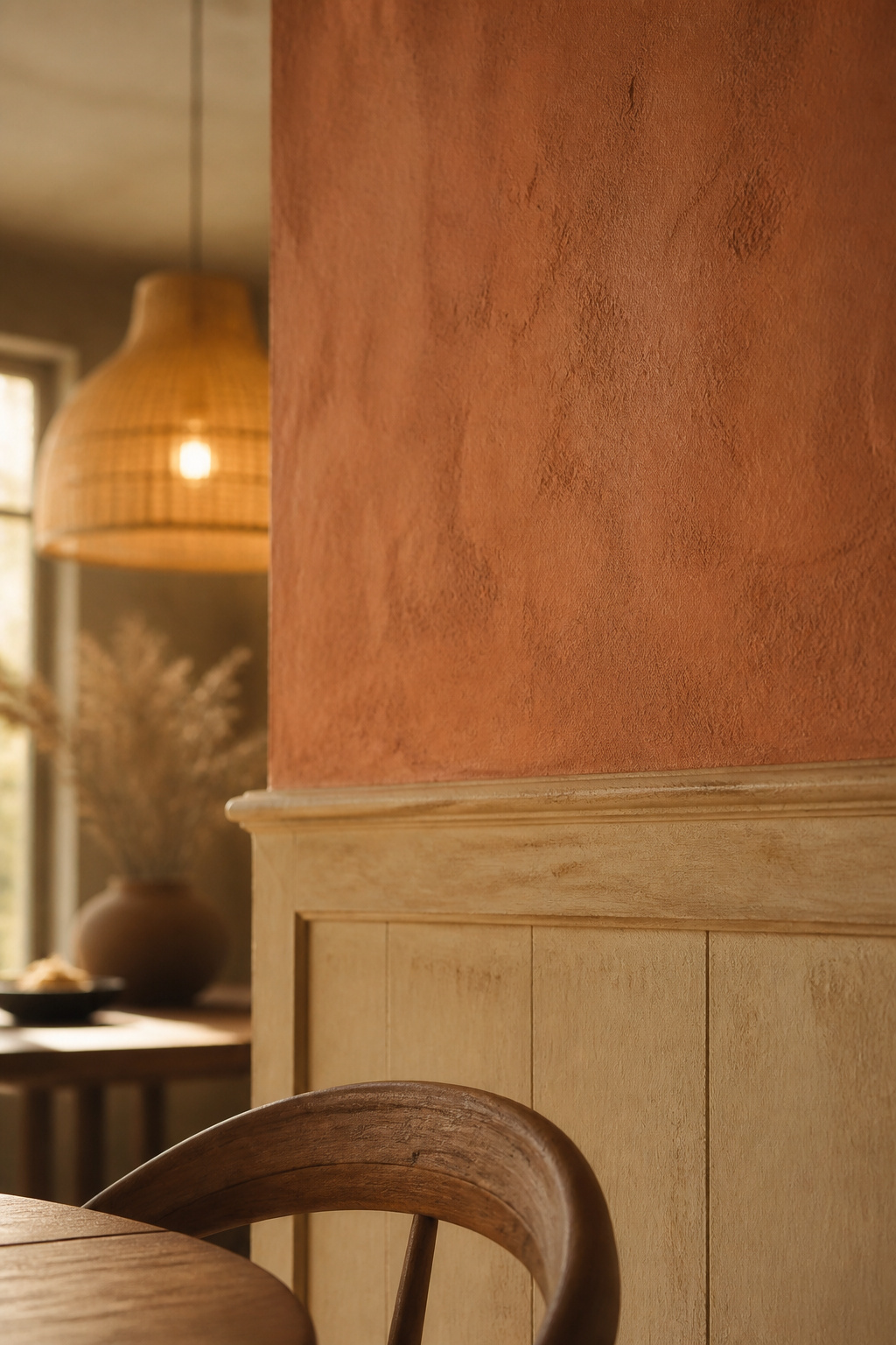 Terracotta and sand base wall colors meeting behind a wood dining chair in a boho dining room