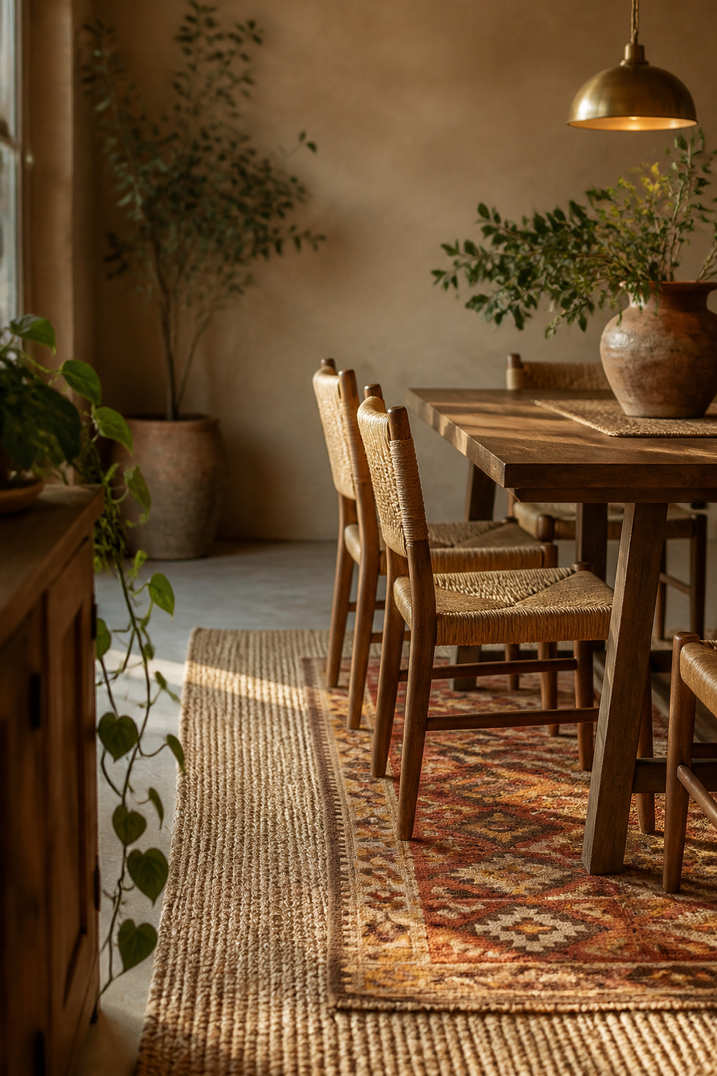 Layered jute and kilim rugs with terracotta and ochre threads beneath a dining table, with a trailing plant nearby
