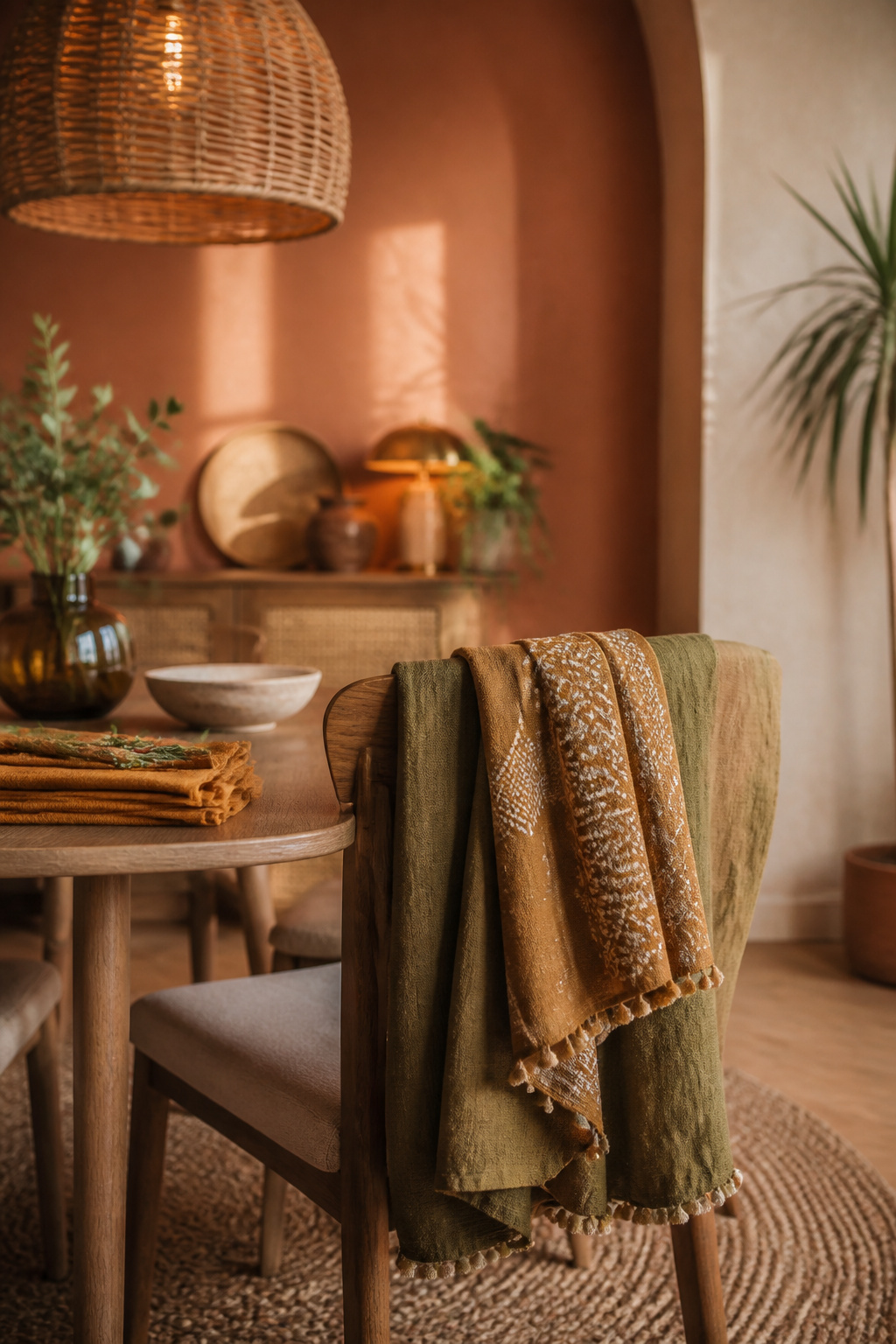 Fully styled boho dining room with terracotta, sand, olive and ochre tones all sharing a warm undertone