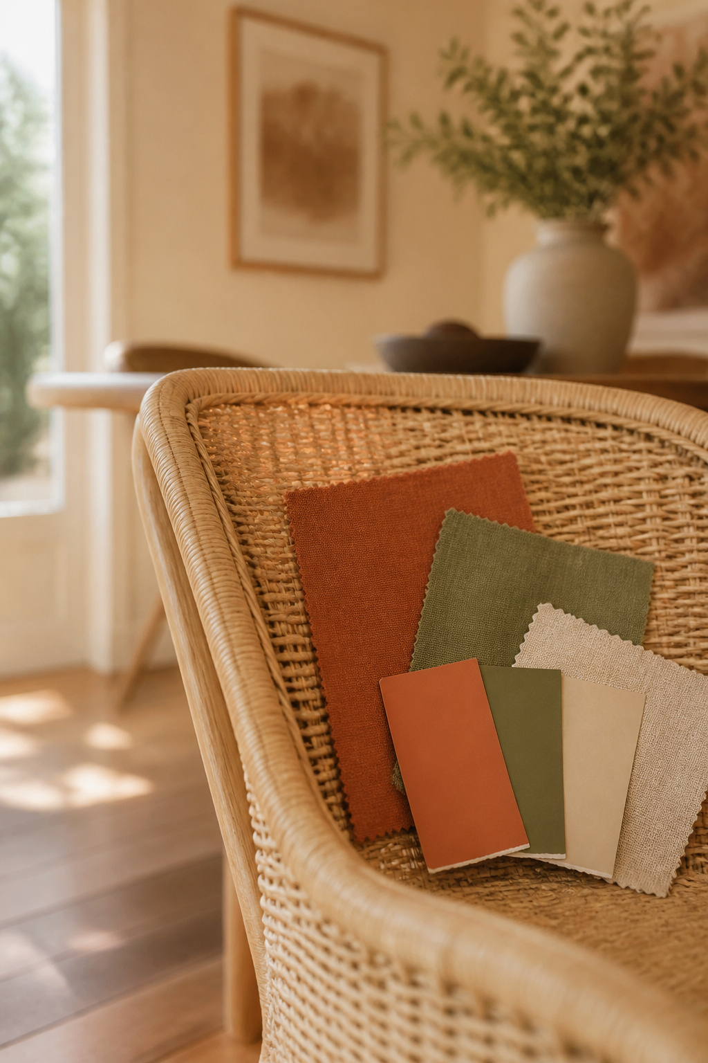 Terracotta, olive and sand swatches tested against a rattan dining chair's natural woven texture