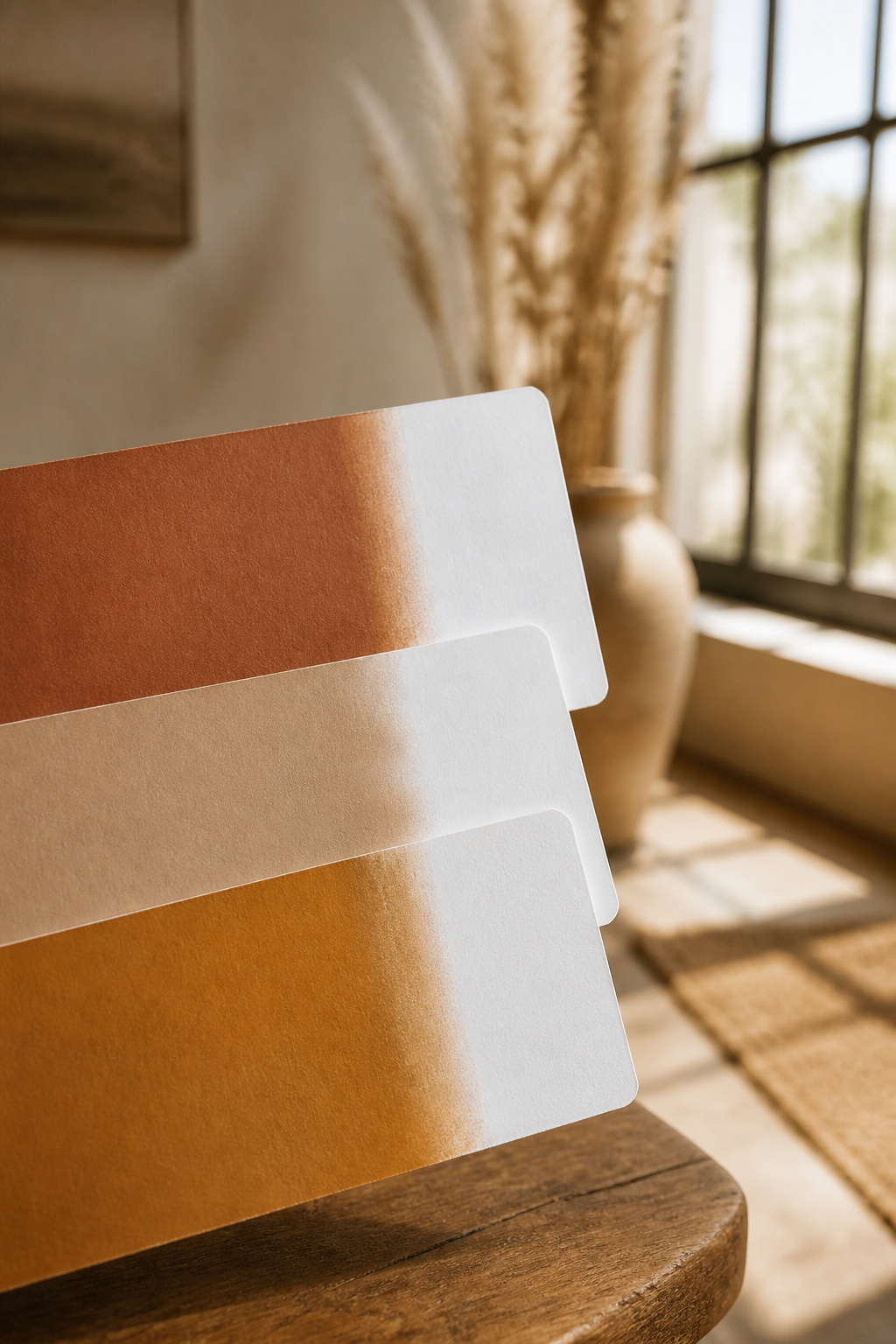 Terracotta, sand and ochre paint swatches held against white paper to test warm undertone agreement