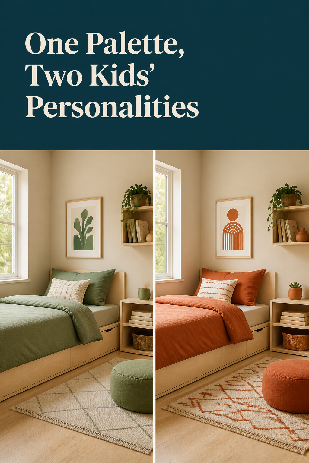 Pinterest pin comparing two matching bedroom corners with the same wall colour styled in sage-green and terracotta accents for two siblings