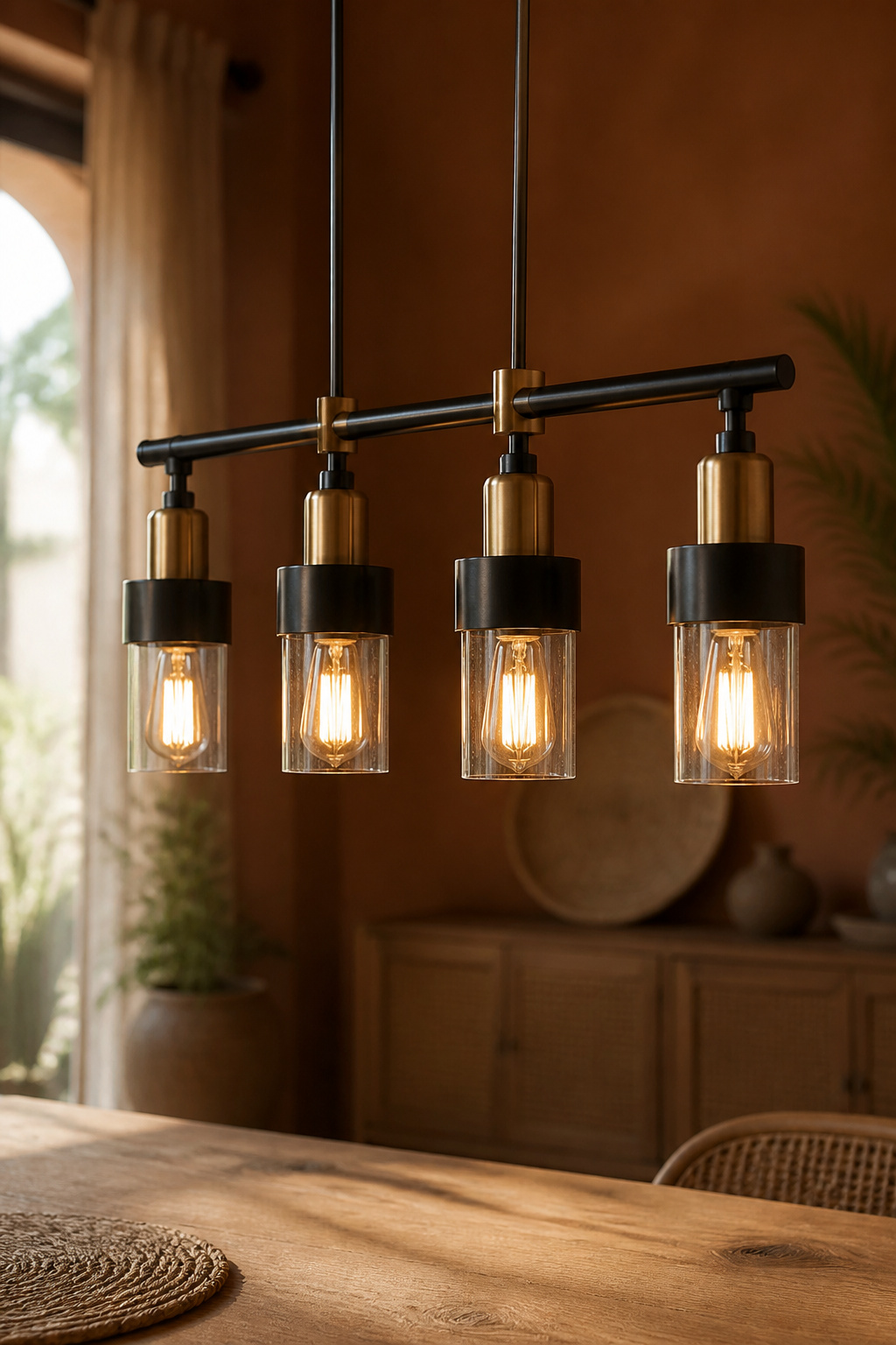 Brass and matte black iron linear pendant fixture hanging above a wood dining table