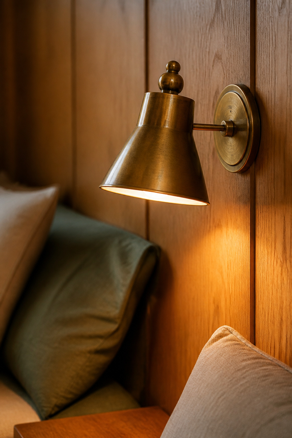 Aged brass wall sconce mounted at bedside reading height casting warm light across a honey oak wall above sage green bedding