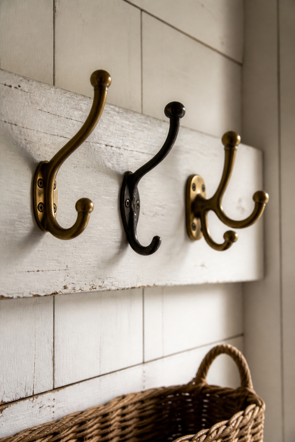 Three coat hook types mounted on a white plank board — solid brass double hook, wrought iron single hook, and brass triple arm — showing texture and patina differences
