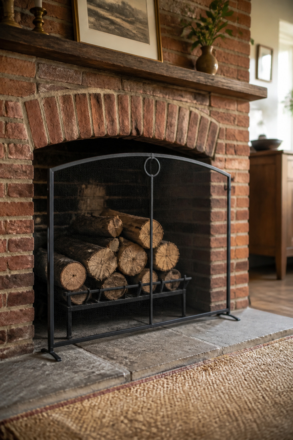 Brick fireplace firebox styled with stacked logs of varying diameter on an iron grate, a wrought-iron screen in front, and a natural fibre hearth rug